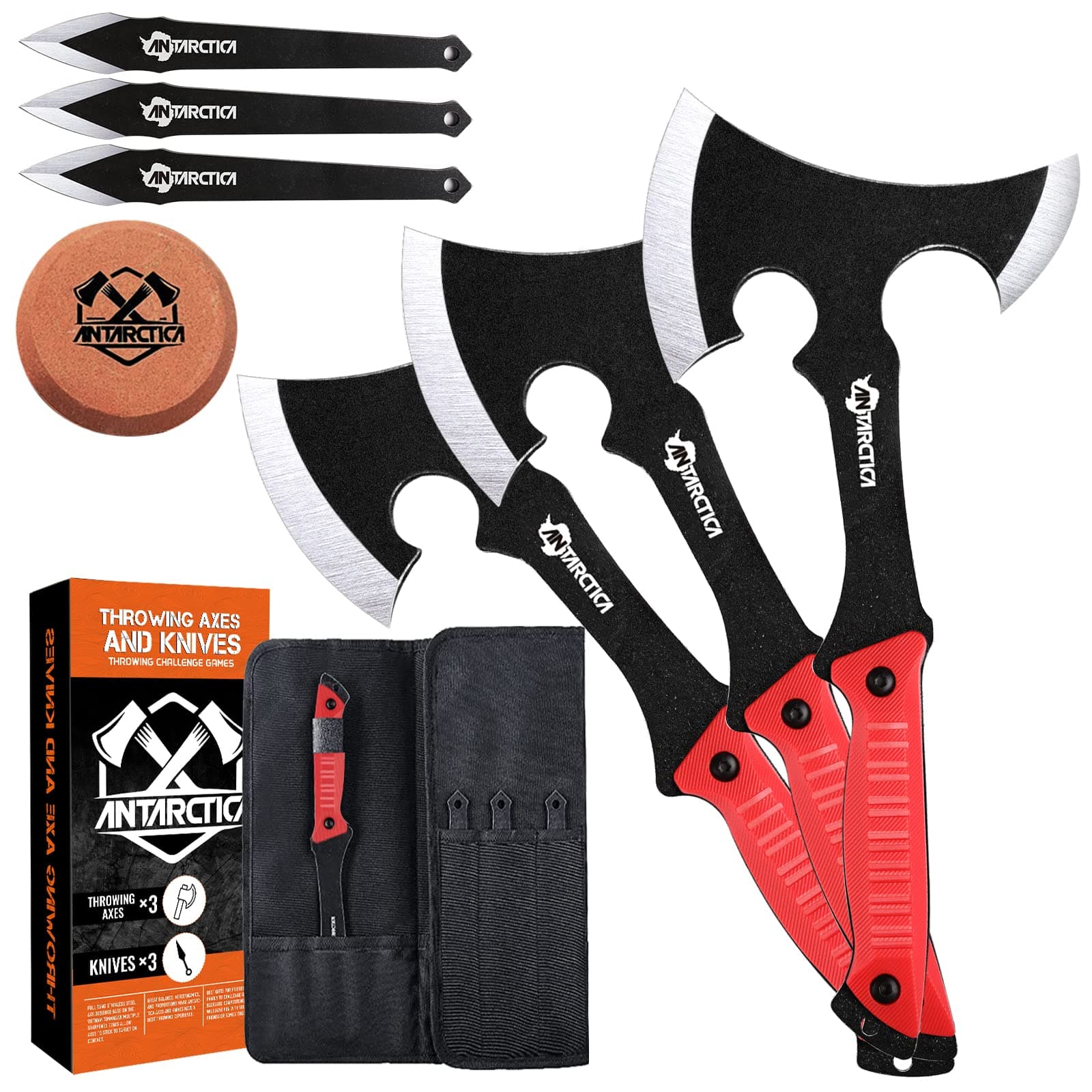 - ANTARCTICA Throwing Axes and Knives Set - 3 Pack, 11" Full Tang Stainless Steel Tomahawks and Throwing Knives, Whetstone Tool Sharpener, Well-Balanced for Beginners