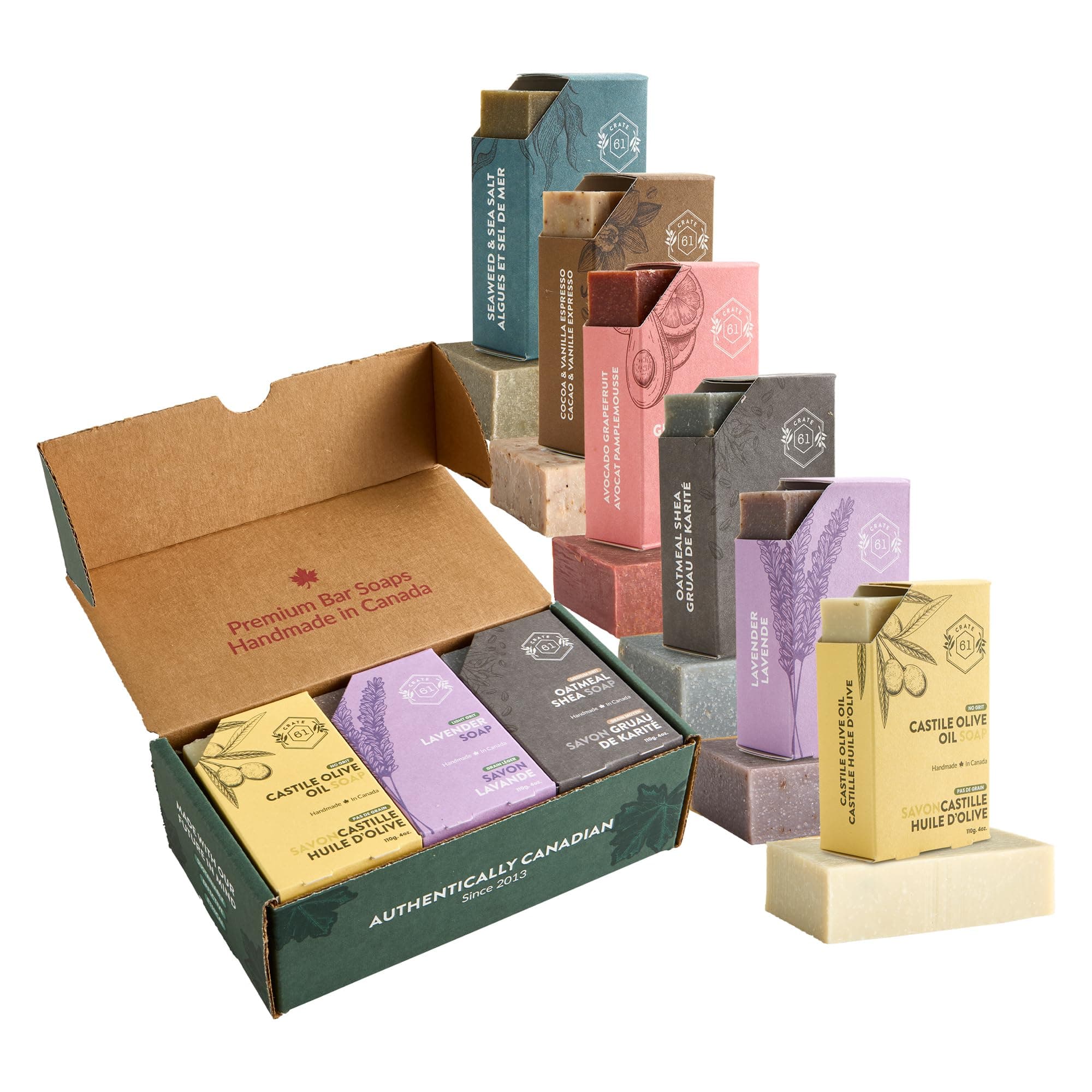 Crate 61 Organics Dry Skin Soap 6-Pack Box Set, 100% Vegan Cold Process Bar Soap, scented with premium essential oils and natural flavors, for men and women, face and body.