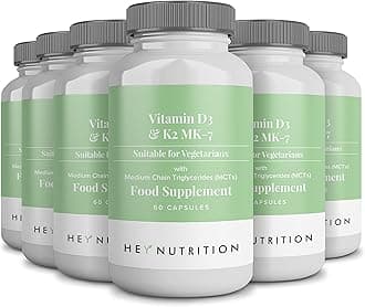 Hey NutritionVitamin D3 & K2 MK-7-100ug Each with MCT Oil - Suitable for Vegetarians - Support Healthy Bones, Teeth, Muscles, Immune Function, and Fatigue - Non-GMO, 360 Vegetarian Capsules