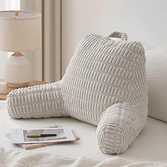 Blissful Diary Reading Pillow, Backrest Pillow with Shredded Memory Foam for Adult & Children, Designed for Bed and Couch Sitting Up, Includes Arms, Pockets and Washable Cover, Light Gray