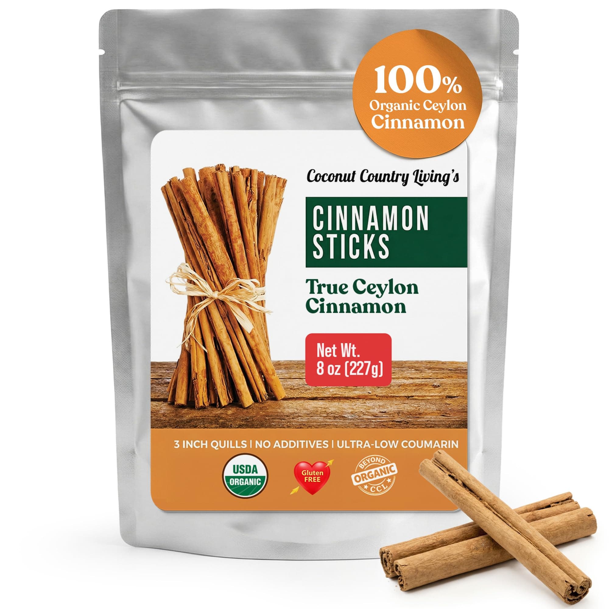 Organic Ceylon Cinnamon Sticks, 8 oz | Fair Trade Sourced Ceylon Cinnamon Sticks From Sri Lanka, Gluten Free | Organic Spice for Tea, Baking & Cooking | True Cinnamon 3” Quills | Includes eBook Upon Request