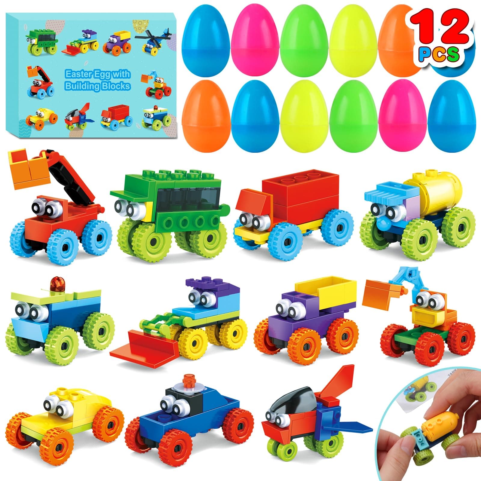 JYXT12 Pack Easter Eggs with Car Building Blocks Toys, Prefilled Easter Basket Stuffers Mini Building Block Transporter Building Set for Kids Classroom Prize Party Favors Goodie Bags Fillers