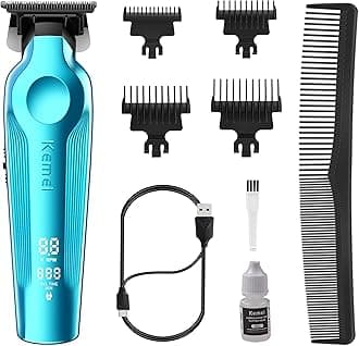 KEMEI Hair Trimmer for Men, Zero Gapped Cordless Hair Clippers Beard Trimmers with T Blade, Rechargeable Barber Clippers with LED Display, Blue