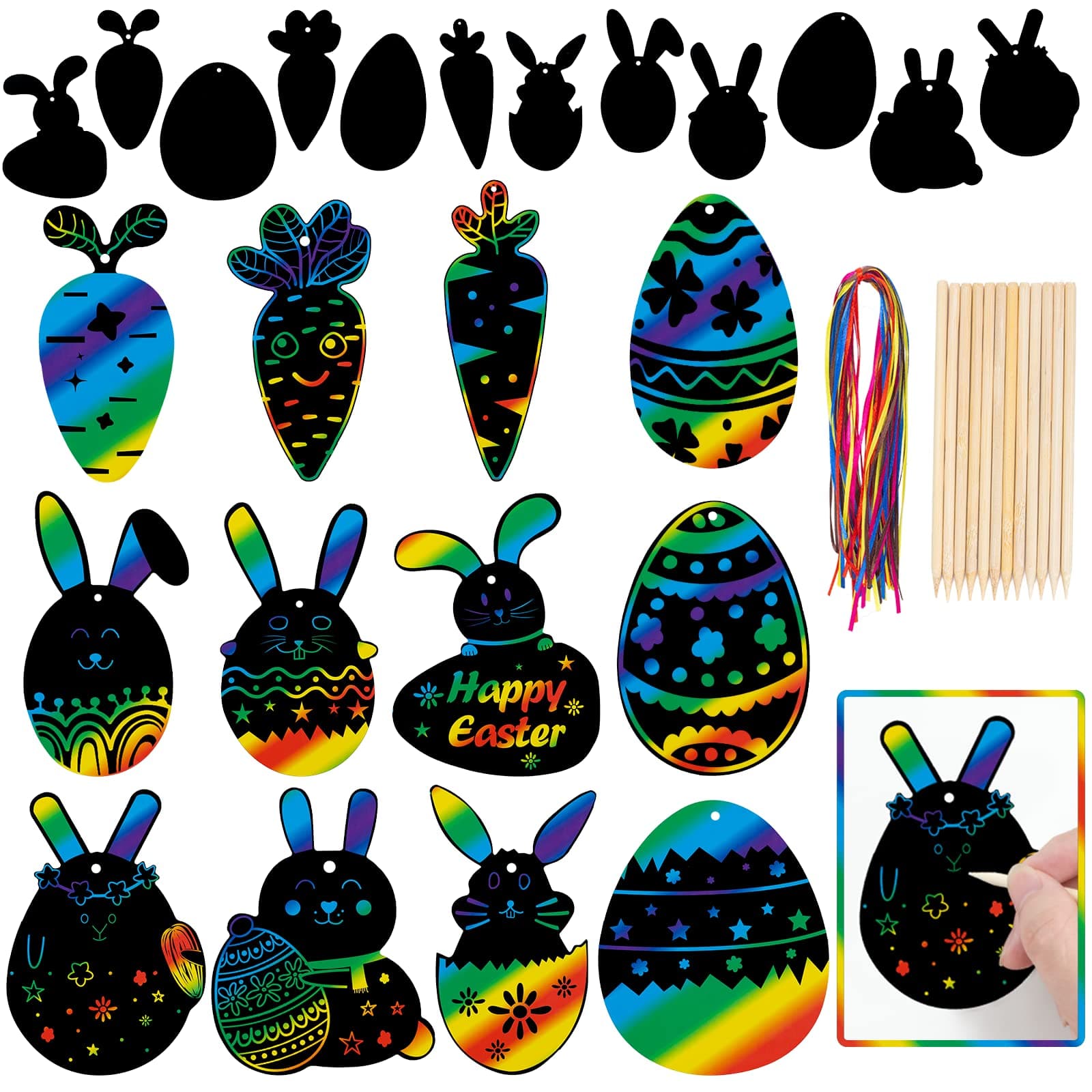 GOMANCHE 36 Pieces Easter Scratch Paper, Rabbit Bunny Carrot Easter Egg Rainbow Magic Scratch Painting with Wooden Stick and Ribbon for Kids Easter Party Decorations
