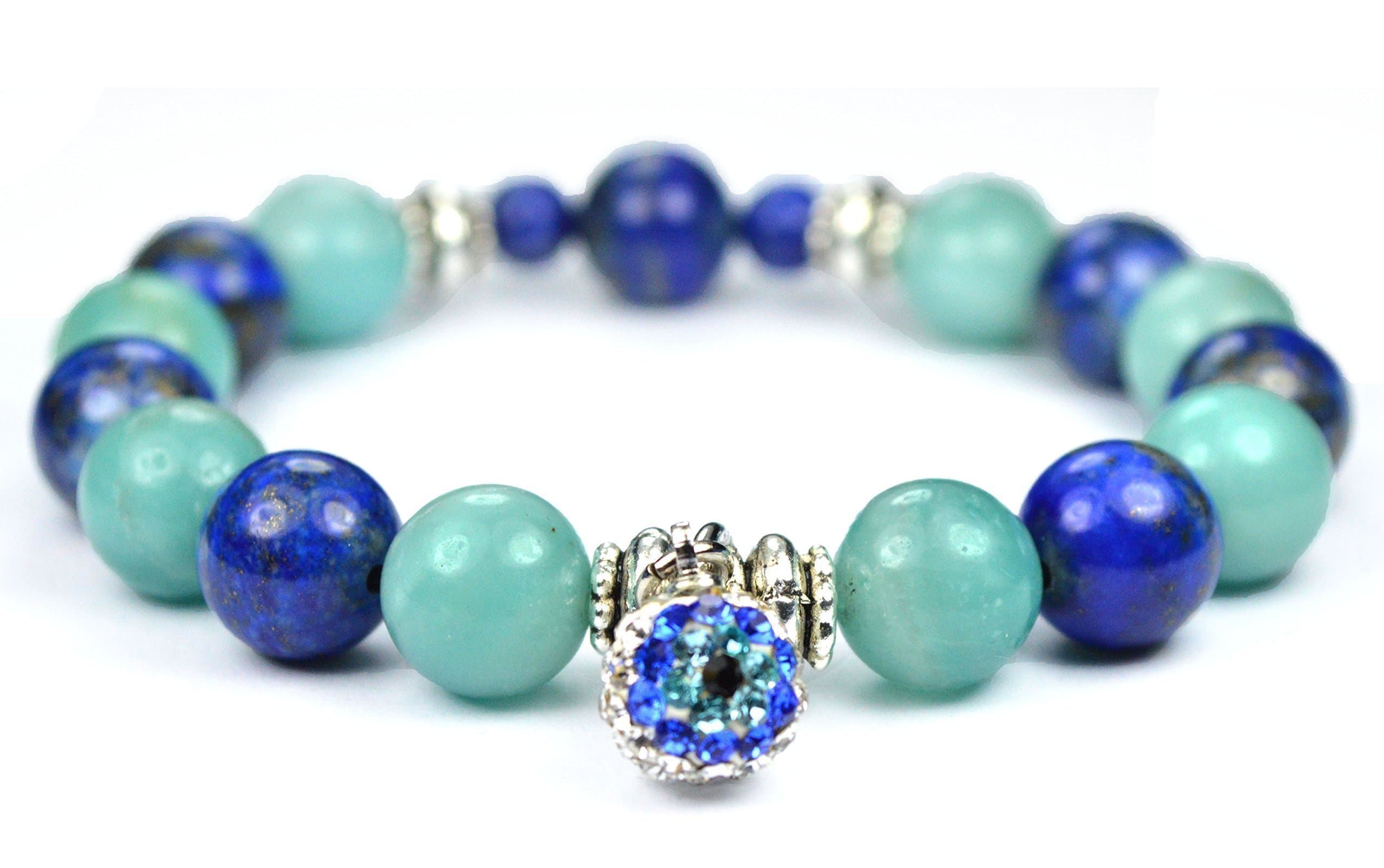 Amazonite and Lapis Lazuli Gemstone Bracelet, Crystal Evil Eye Charm. Stones of Success and Abundance. Throat Chakra Bracelet. Fashion jewelry. Natural gemstones.
