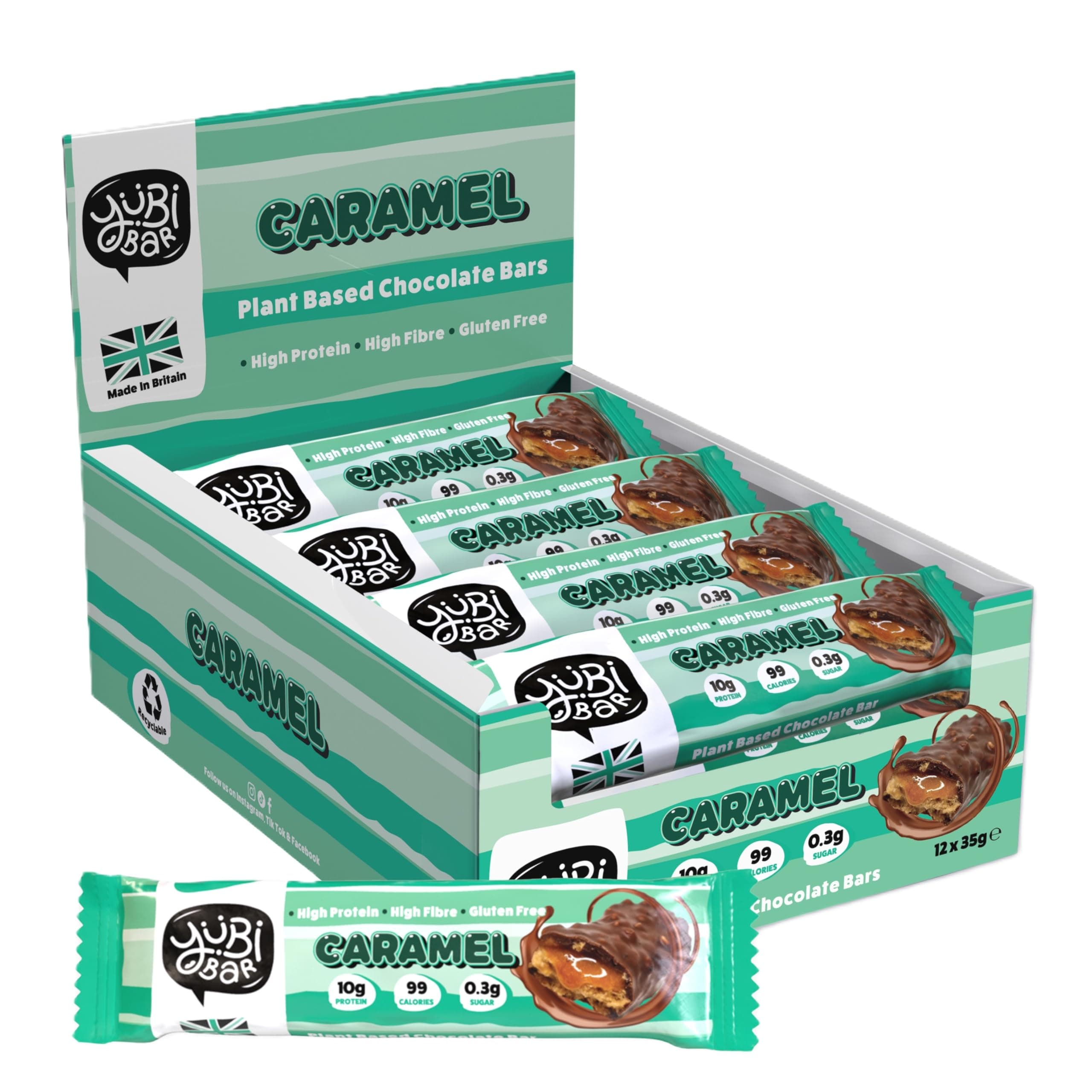 YuBi Caramel - 12 Pack - Protein Bars - 99 Calories, High Protein, High Fibre, Low Sugar, Gluten Free and Dairy Free - Healthy Snacks/Nutrition Bar - Chocolate Bars - 420g