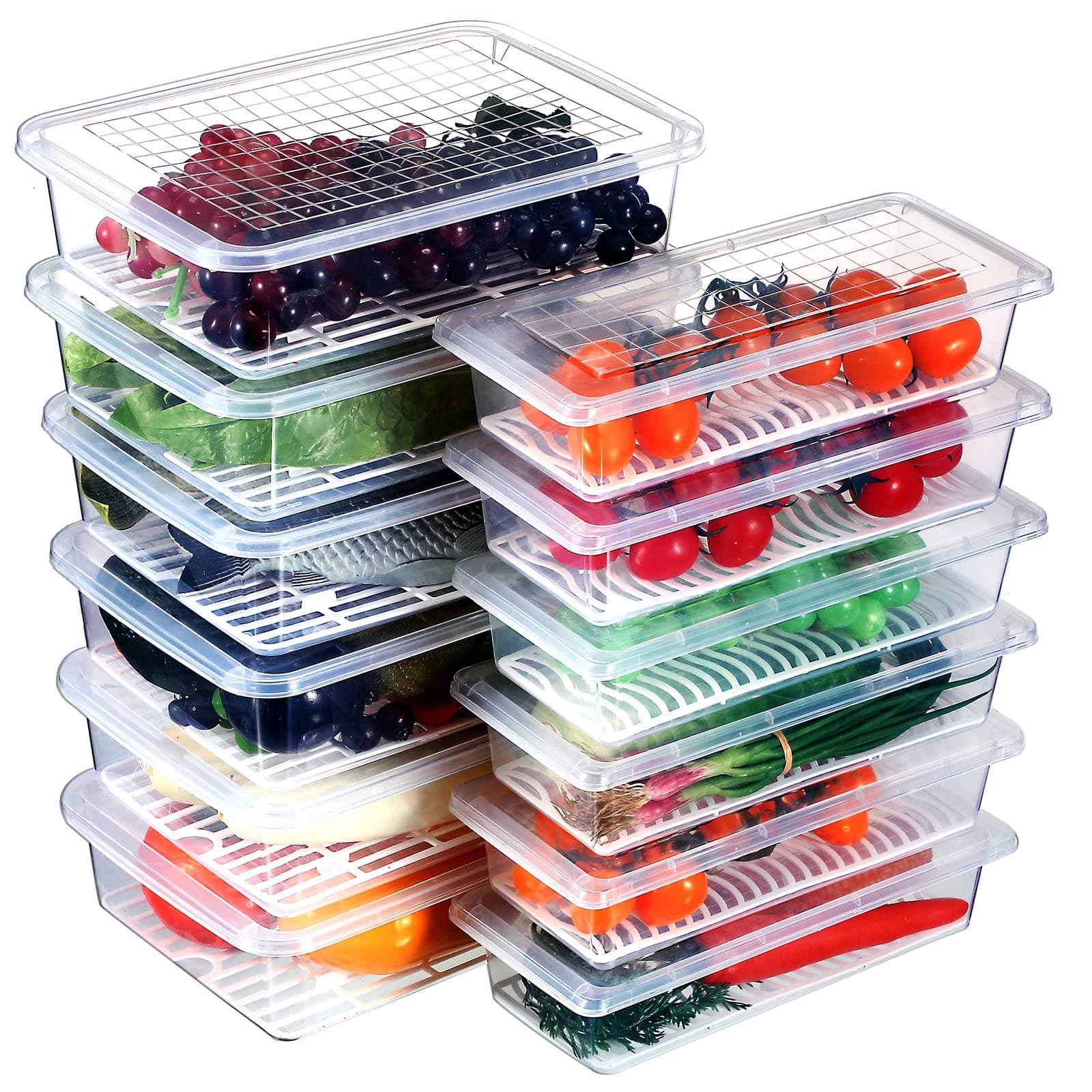 Meanplan Food Storage Containers for Fridge Plastic refrigerator Organizers with Removable Drain Plate and Lid Stackable Produce Containers to Keep Fruits, Vegetables, Meat(8 Packs)