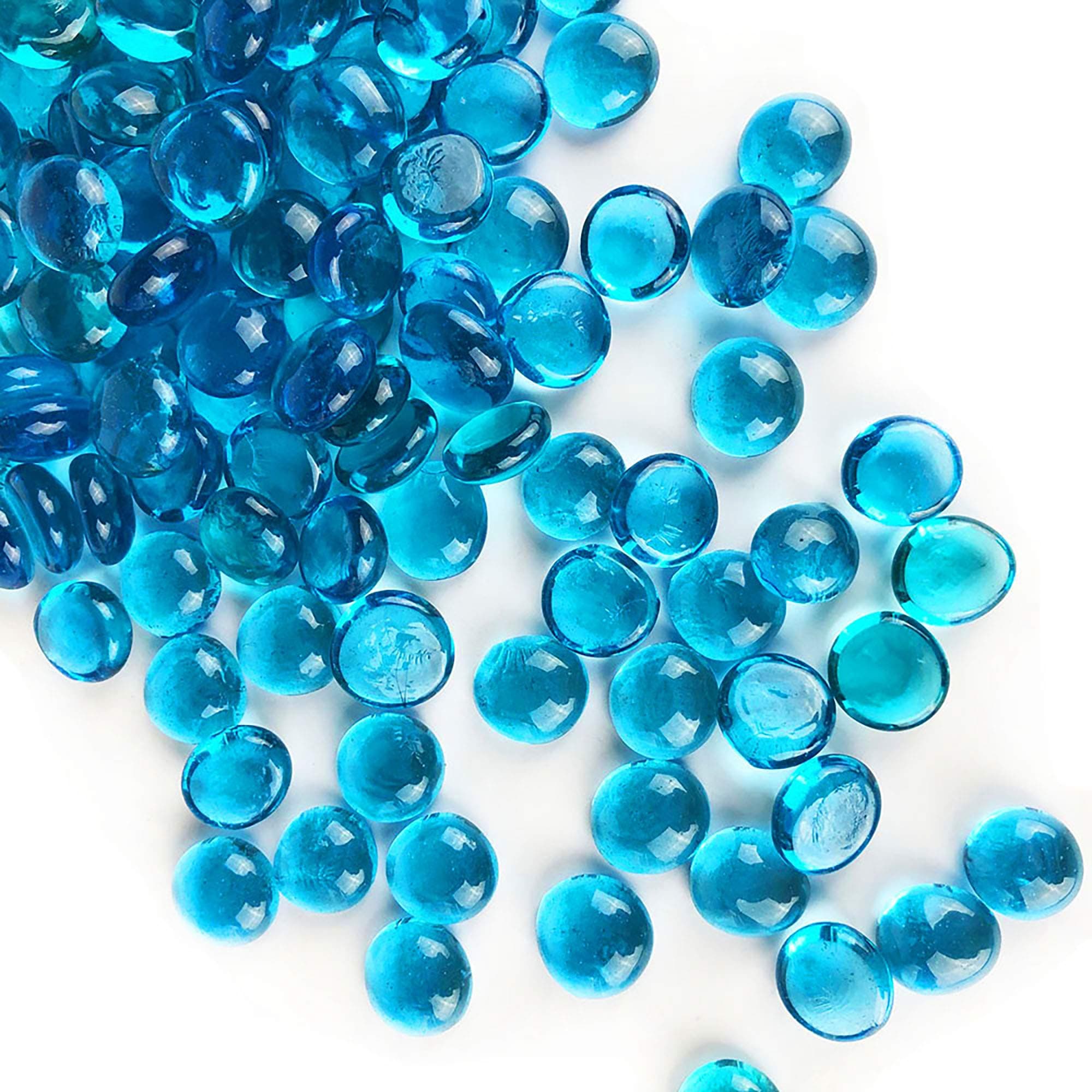 CYS EXCEL Light Blue Glass Gemstone Beads Vase Fillers (2 LBS) Flat Marble Beads Multiple Color Choices Aquarium Decor Rocks Floral Stones Decorative Mosaic Glass Gem Pebbles