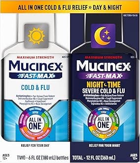 Mucinex Fast-Max Cold and Flu & Nightshift Medicine for Adults, Over-The-Counter Medication Combo Pack for Sore Throat Relief, Decongestant, Cough & Cold Medicine (2 x 6 Fl Oz)