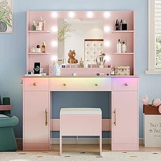 Vanity Desk with Mirror and Lights, 43'' Makeup Dressing Table Set with 5 Drawers & Chair, Power Outlet, 3 Lighting Modes Adjustable Brightness & RGB LED for Women Girls Bedroom Bathroom, Pink