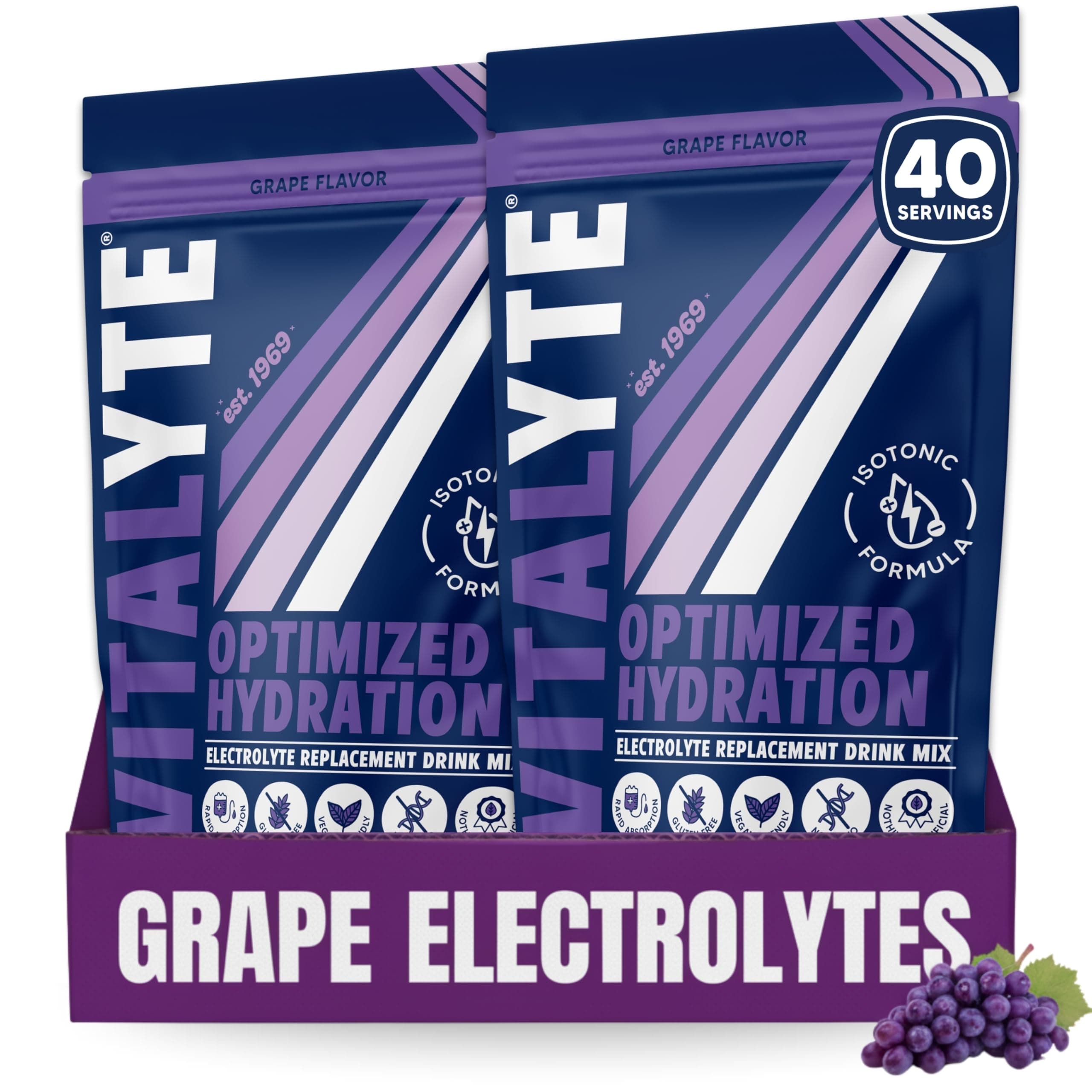 Vitalyte Natural Electrolyte Powder Drink Mix, Gluten Free, 40 2 Cup Servings Per Container (GRAPE-2PACK)
