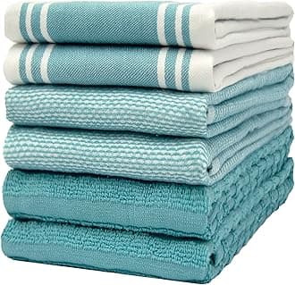 Premium Kitchen Towels (20”x 28”, 50 x 70 cm, 6 Pack) – Large Cotton Kitchen Hand Towels – Vintage Striped Flat & Terry Towel – Highly Absorbent Tea Towels Set With Hanging Loop – Aqua