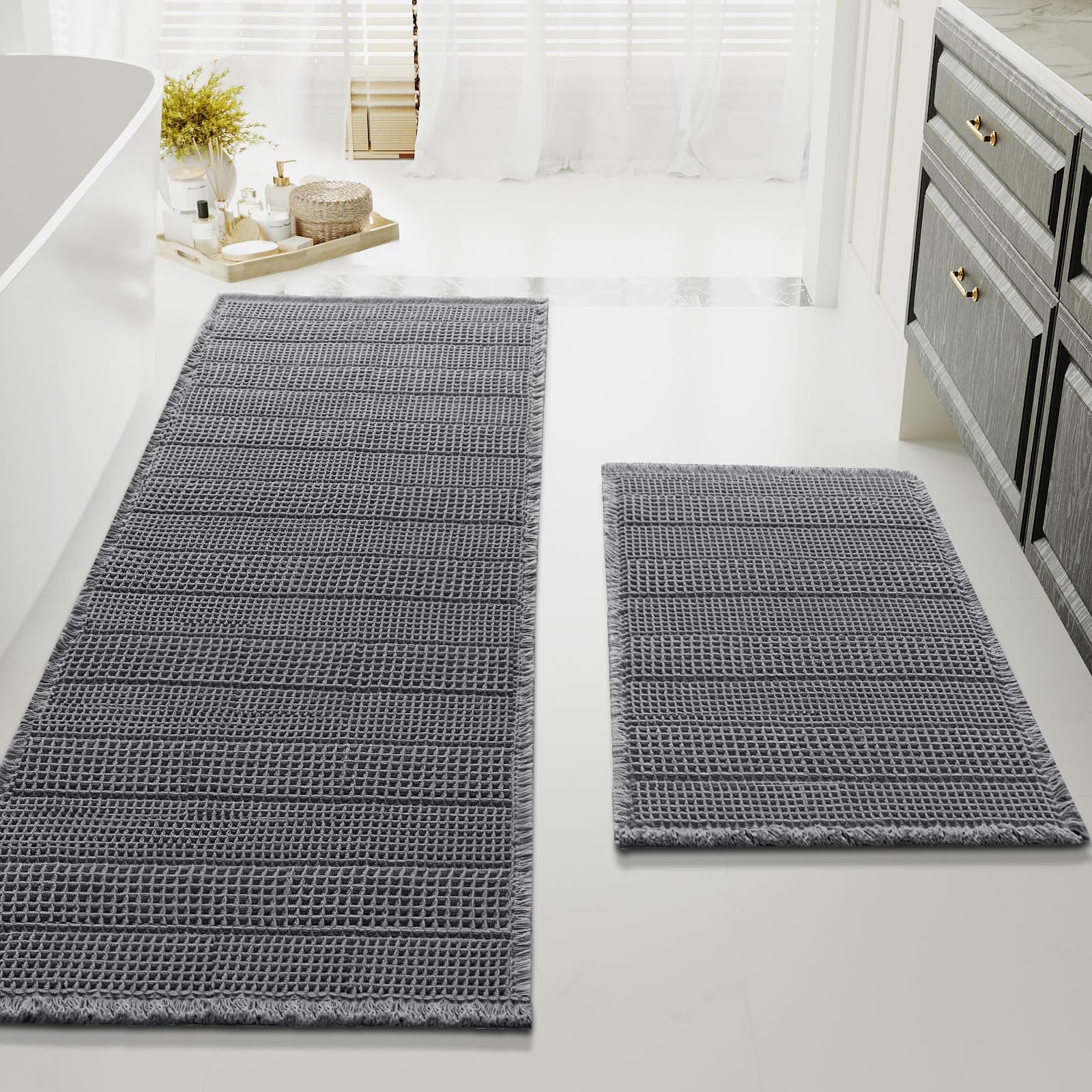 Waffle Bath Mat Super Absorbent Bathroom Mats Non Slip Bath Rugs for Bathroom Floor Machine Washable Ultra Soft Bathroom Rugs for Beside Tub, (32 x 20 Plus 24 x 60 - Inches, Grey)