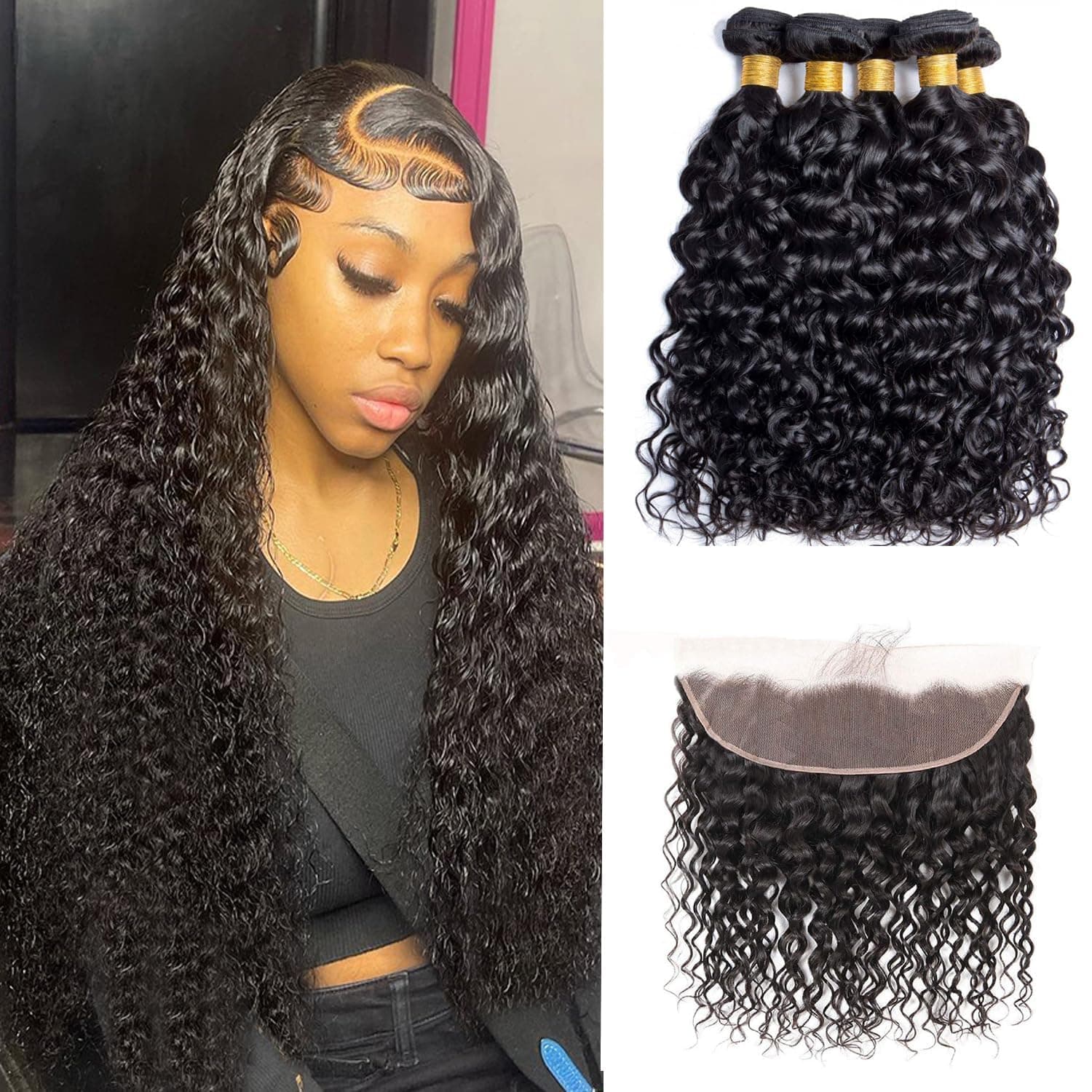 Water Wave 3 Bundles with Frontal 13x4 Ear to Ear HD Lace Frontal with Bundles 100% Unprocessed Brazilian Remy Virgin Wet and Wavy Human Hair Bundles with Frontal Natural Color (14 16 18+14)