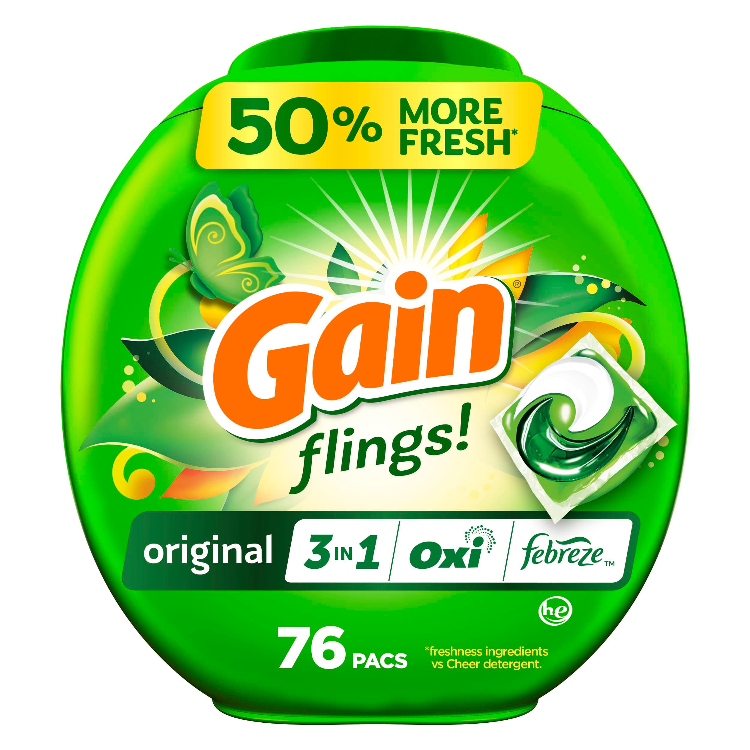 Gain Flings Laundry Detergent Pacs, 76 Count, Original Scent, with Odor Defense, concentrated laundry soap pacs
