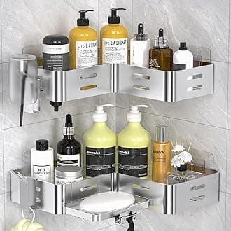 Corner Shower Caddy, Shower Shelf No Drilling, Bathroom Storage with Razor Holder and 2 Hooks, Shower Organiser(Silver)