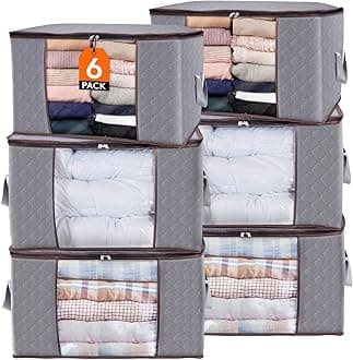 Lifewit Large Capacity Clothes Storage Bag Organizer with Reinforced Handle Thick Fabric for Comforters, Blankets, Bedding, Foldable with Sturdy Zipper, Clear Window, 6 Pack, 90L, Light Grey