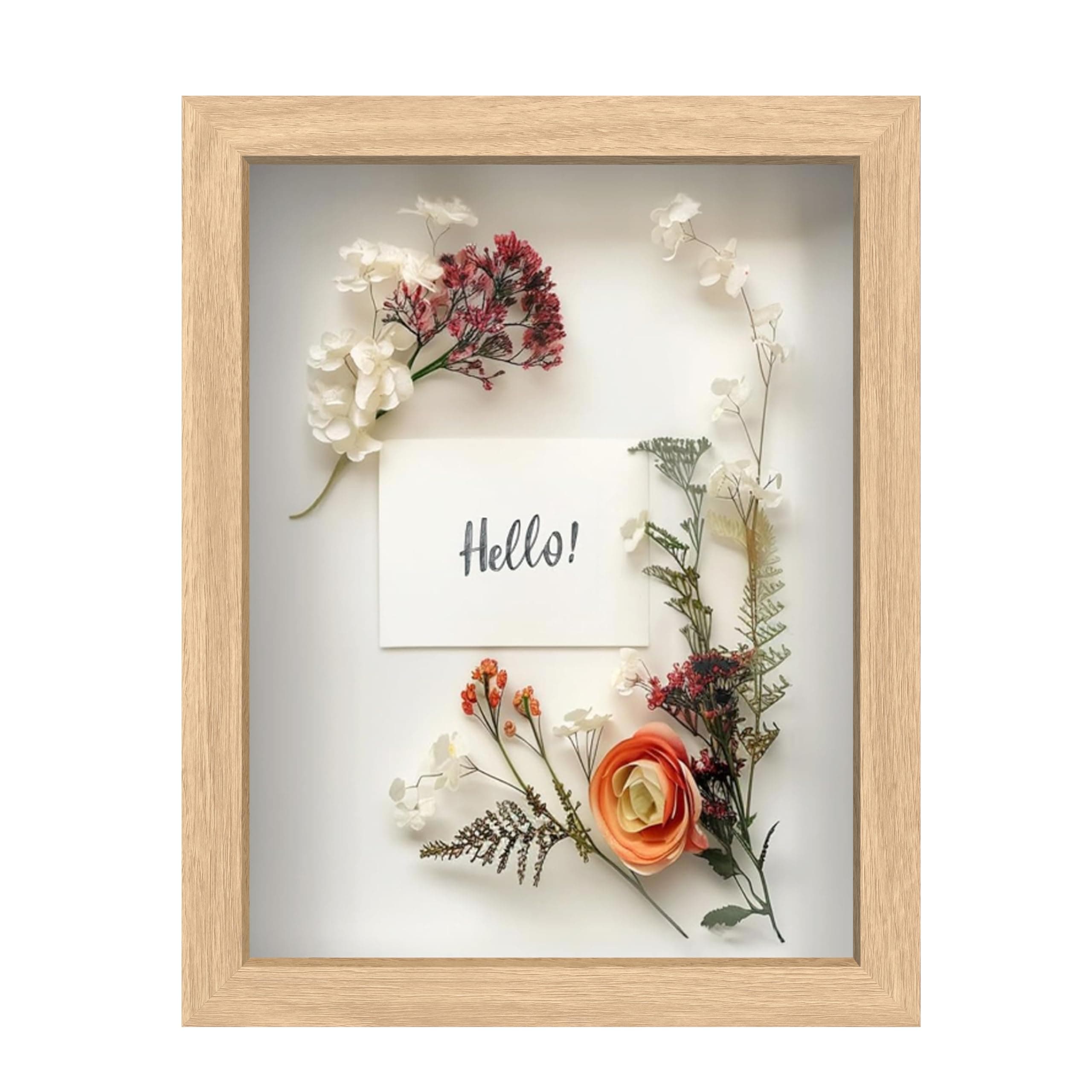 FrameWorks 8.5” x 11” Natural Oak Wooden Shadow Box Frame – Display Case with Soft Felt Back, Memory Box with Tempered Glass, Display Box with Elegant White Ball Push Pins, Wooden Flower Box