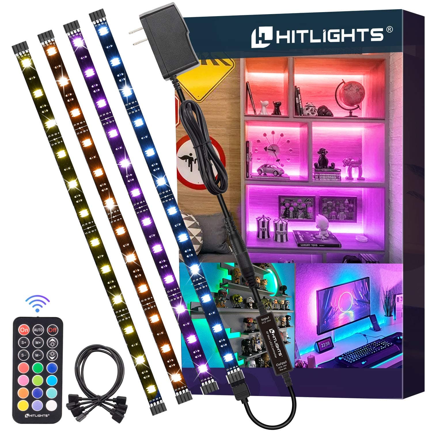 HitLights LED Strip Lights, Small LED Light Strips Dimmable, RGB 5050 Color Changing LED Tape Light with Remote and UL-Listed Adapter for TV Backlight, Bedroom, Cabinet Shelf Display