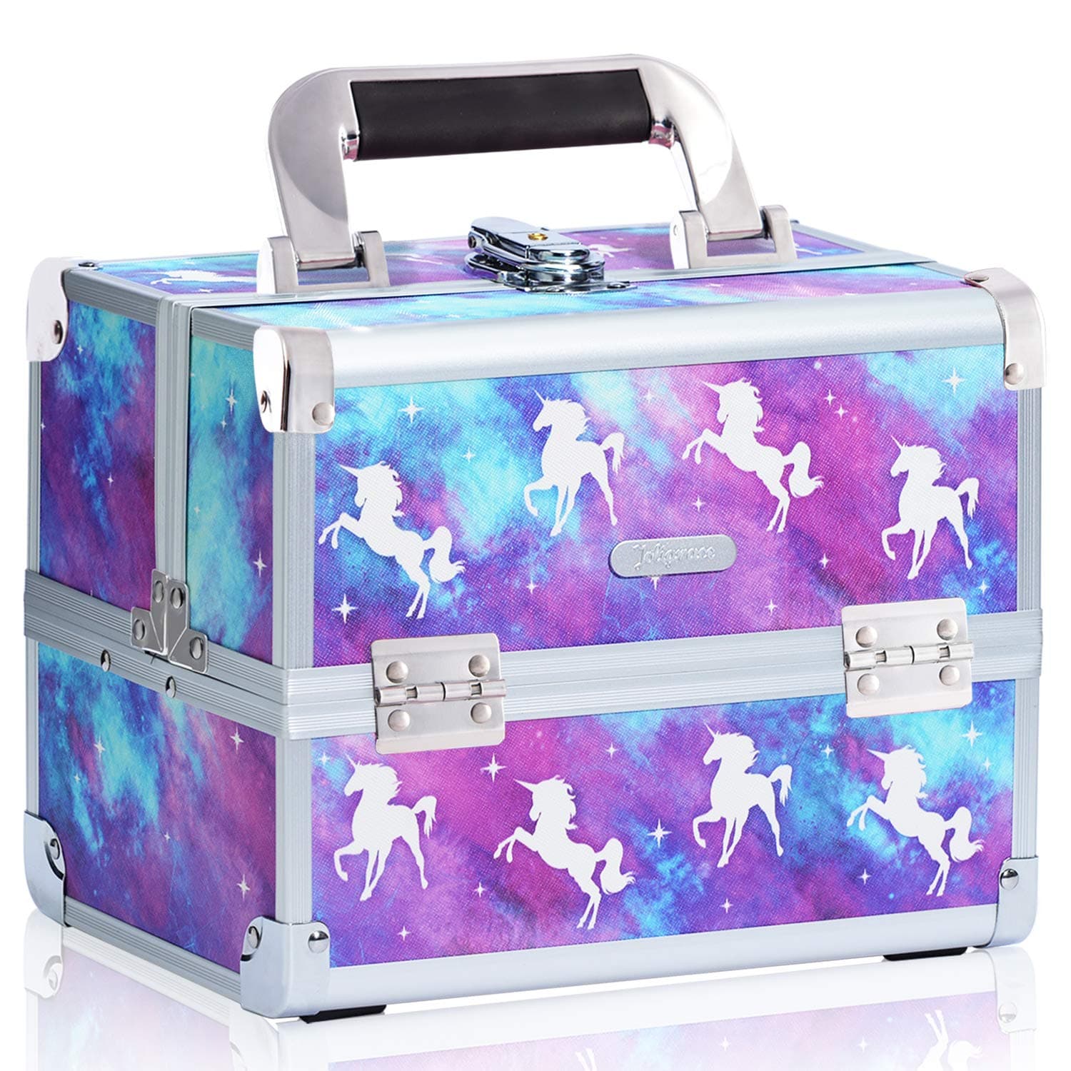 Joligrace Makeup Train Case Unicorn Style Cosmetic Organizer Box Lockable With Mirror & Brush Pocket