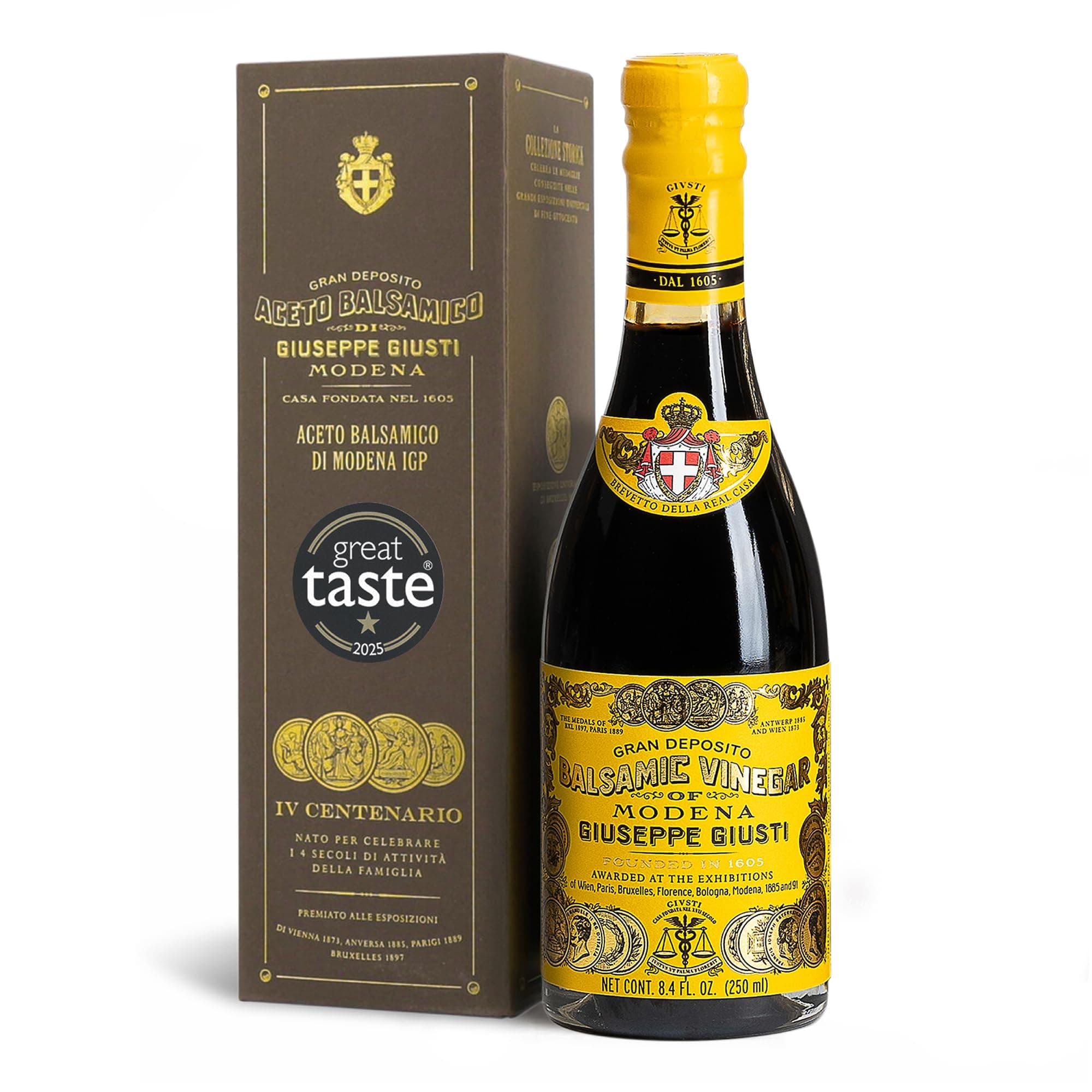 Giusti Balsamic Vinegar of Modena IGP – Extra Thick & Rich Aceto Balsamico di Modena, Matured in Traditional Aging Casks - 4 Gold Medals, Made in Italy, In Gift Box - 8.45 fl oz (250 ml) -Pack of 1