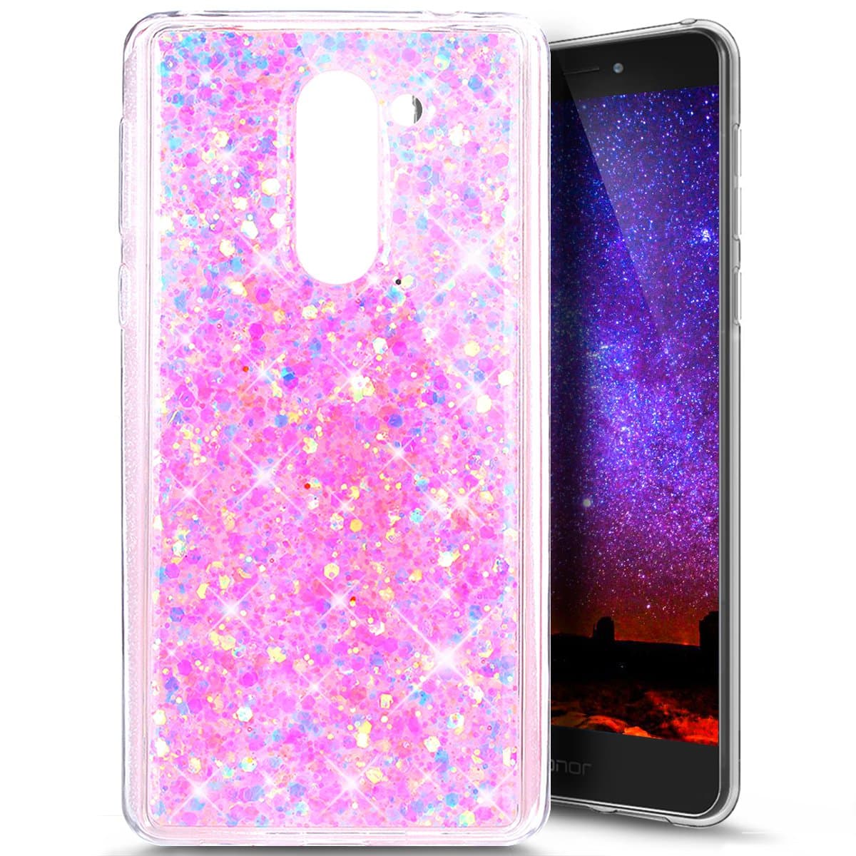 Huawei Honor 6X Case,Huawei Honor 6X Glitter Case,Ukayfe Luxury Sparkle Bling Case Cover for Huawei Honor 6X, Pink Hexagonal Star Pattern Glitter Shiny Soft Gel TPU Silicone Case Scratchproof TPU Bumper Protective Back Cases Cover for Huawei Honor 6X (Pink)