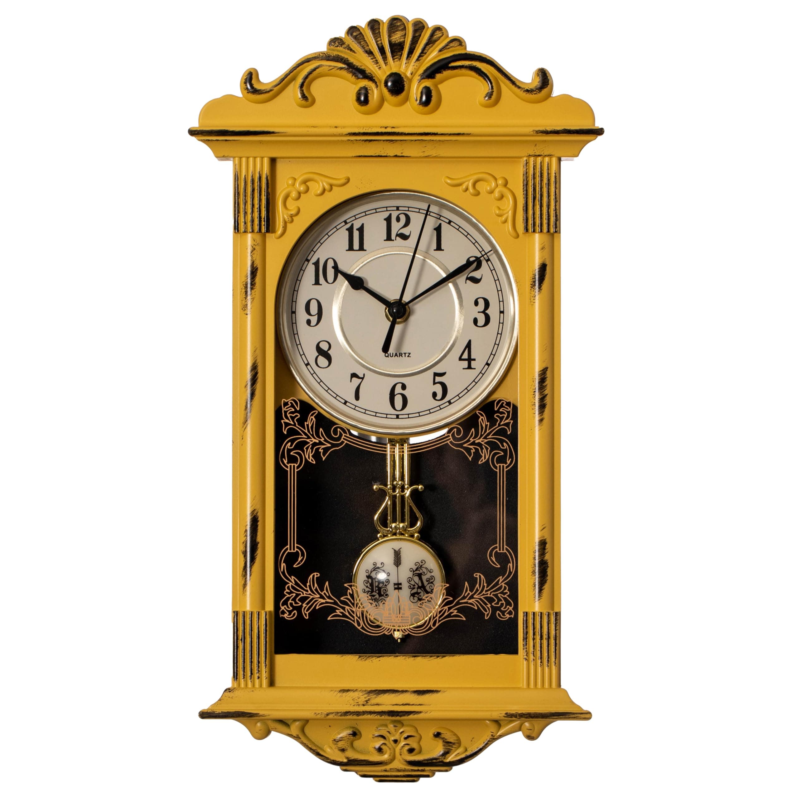 Clockswise Vintage Grandfather-Style Wall Clock with Wood-Effect Plastic Pendulum Battery-Operated for Home Decor Living Room Home Office Kitchen or Dining Room (Yellow, 16 Inch)