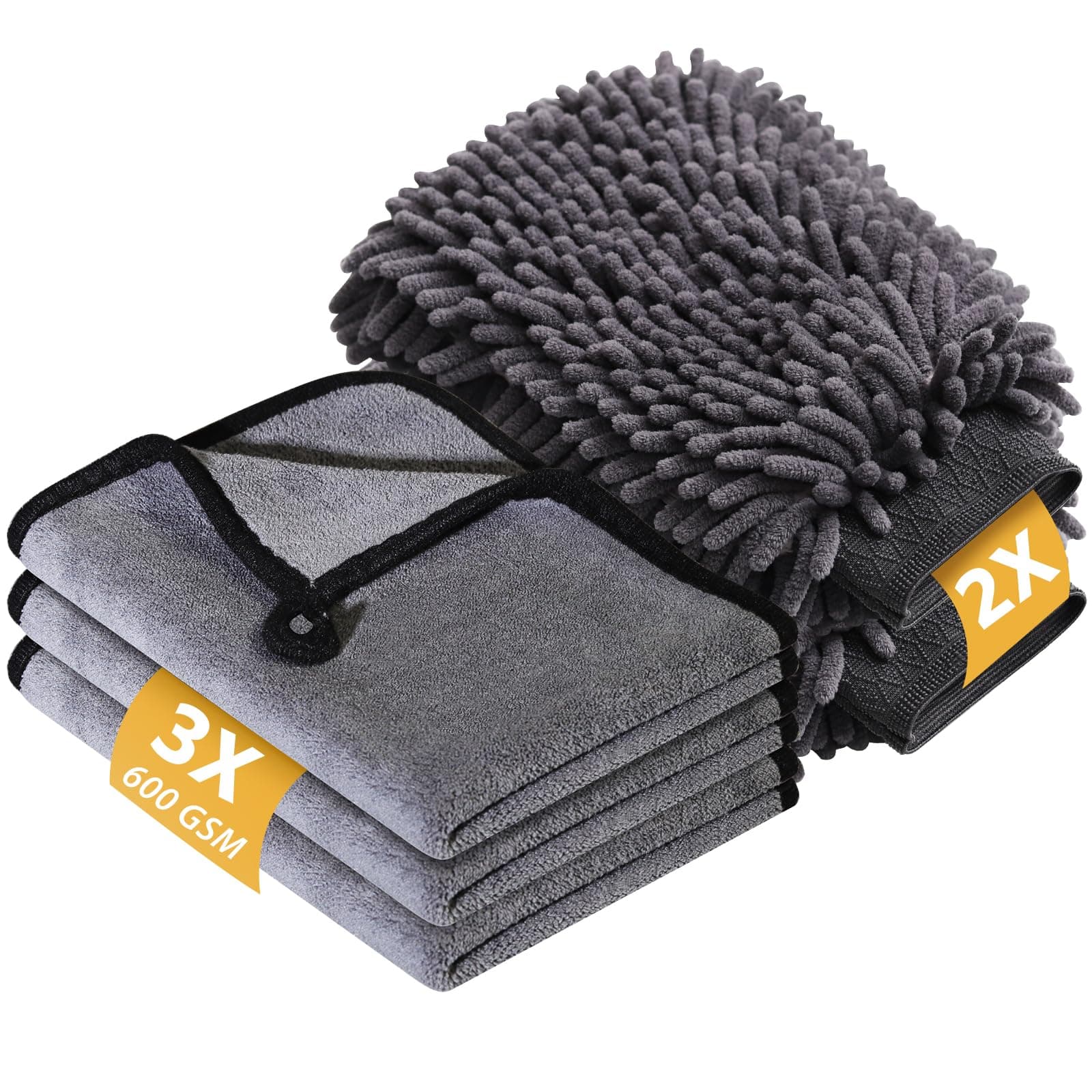 5 Pcs Car Washing Kit with 3x Microfibre Cleaning Cloth and 2er Microfibre Wash Mitt, Dual-Sided Ultra Soft Drying Towels and Gloves for Car Care, Polishing, 600GSM, 40x30cm