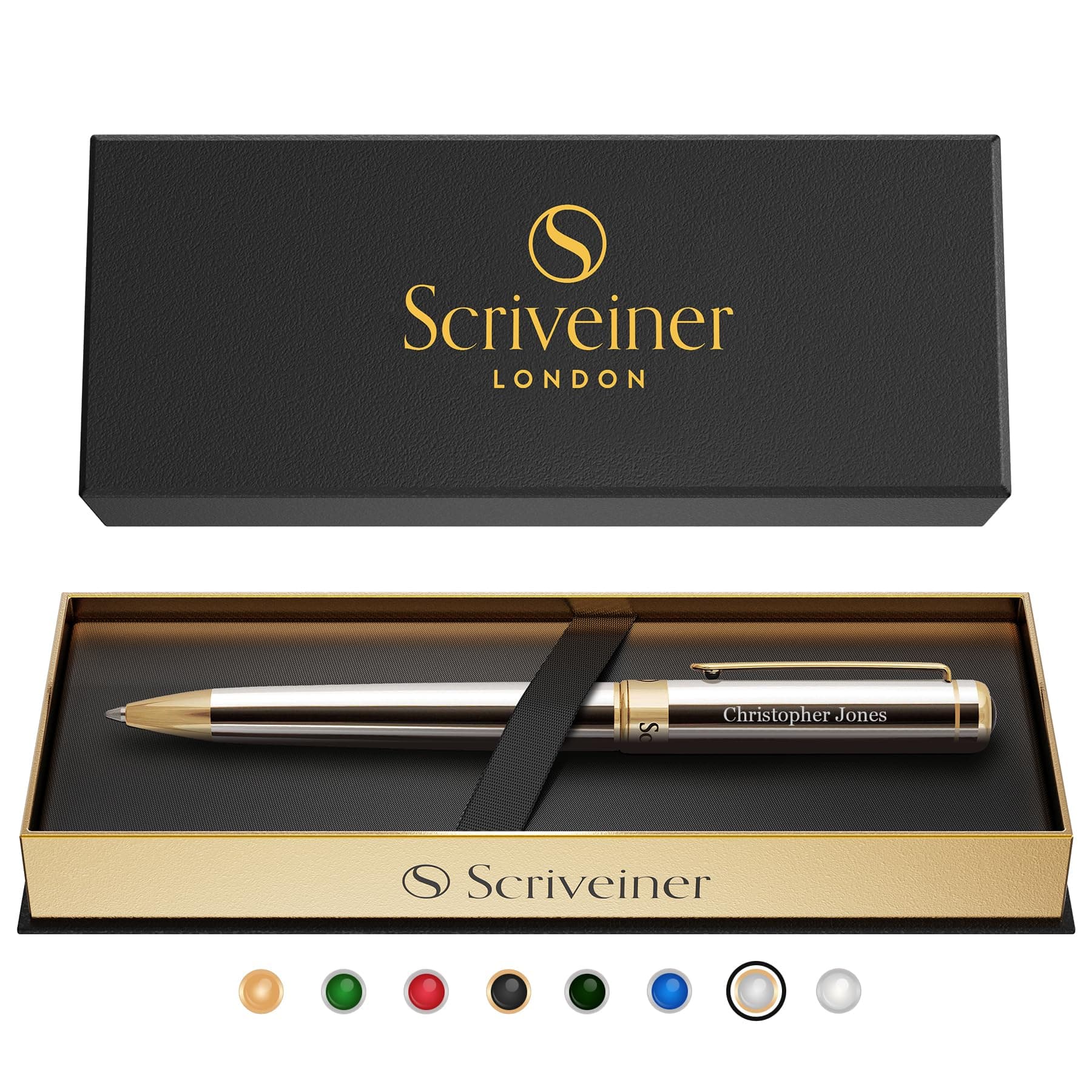 Scriveiner Personalized Silver Chrome Ballpoint Pen - Stunning Luxury Pen, Real Gold Plating, Schmidt Ink Refill, Best Engraved Ball Point Gift Set for Men & Women, Custom Name Engraving