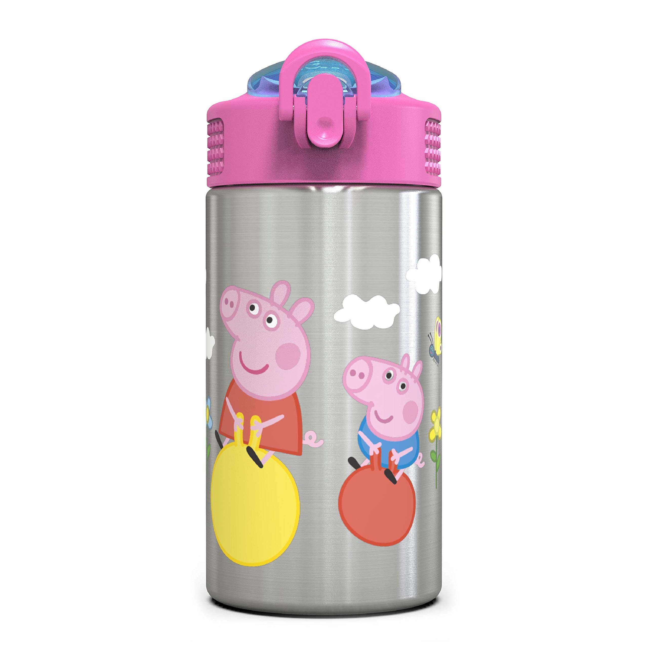 (15.5. oz, Peppa Pig SS) - Zak Designs Peppa Pig 460ml Stainless Steel Kids Water Bottle with Flip-up Straw Spout - BPA Free Durable Design, Peppa Pig SS