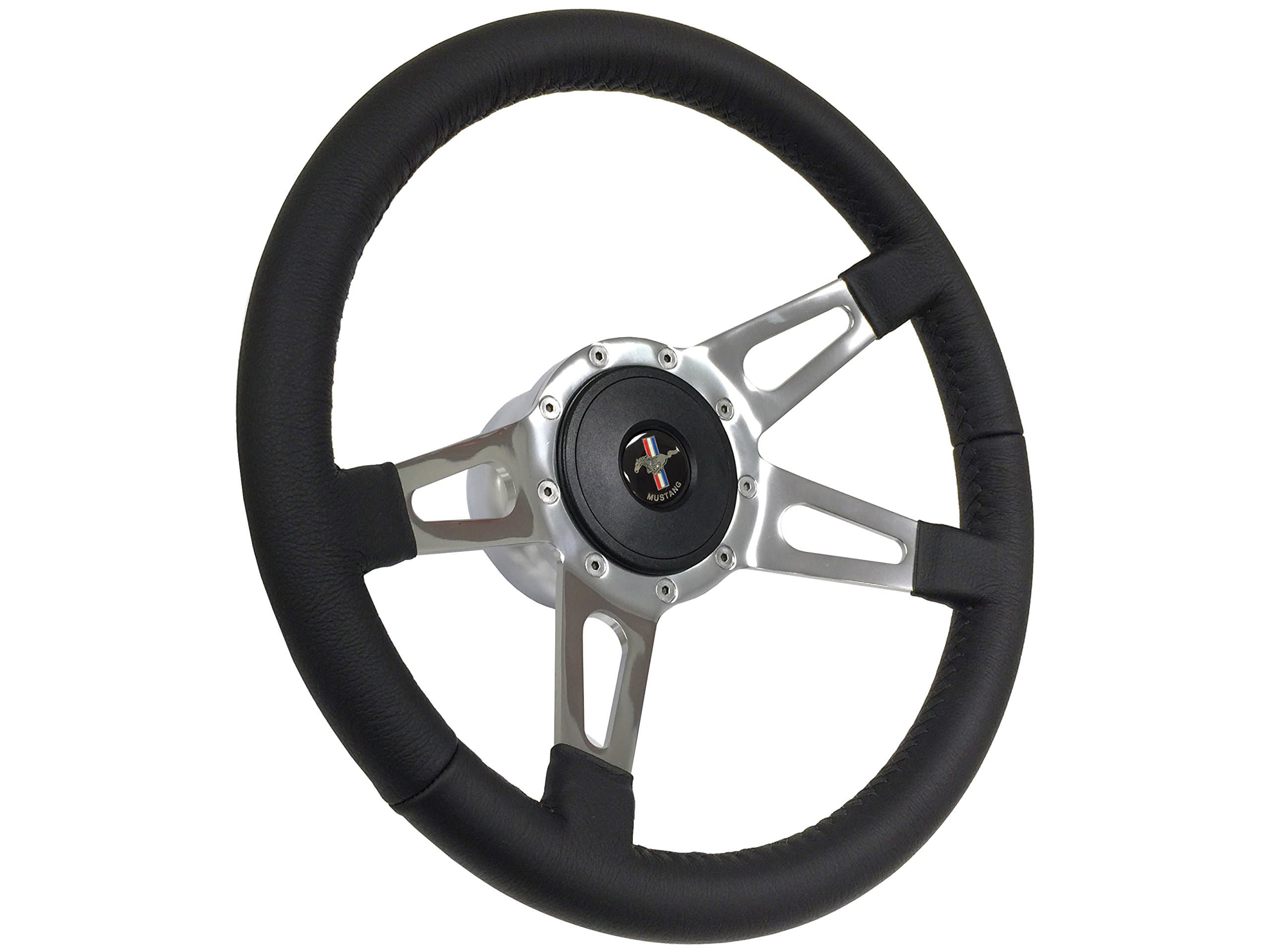 VSW S9 Leather Slotted Quad Spoke Steering Wheel Kit, Black Pony Emblem, Compatible with 1984-2004 Mustang