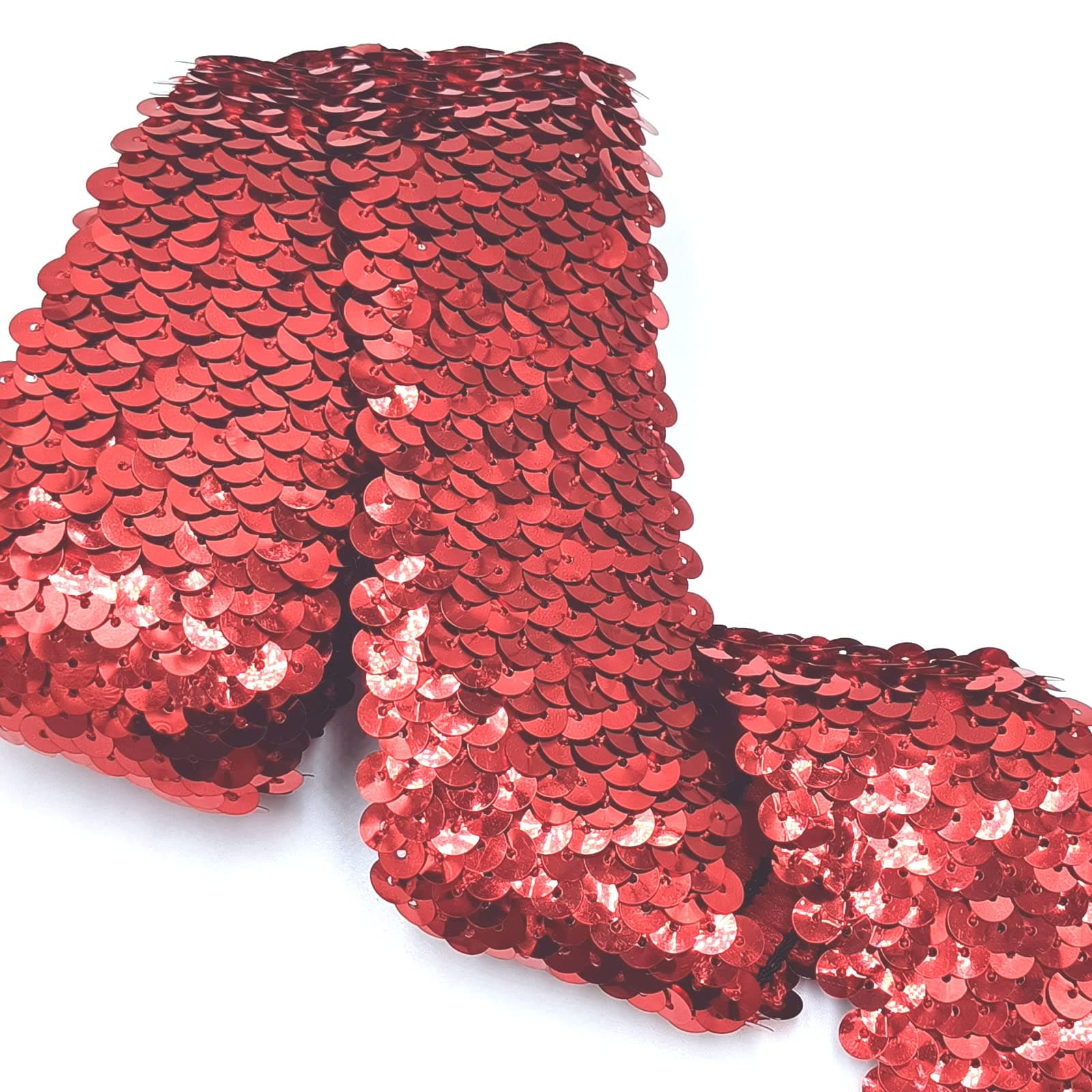 2 Yards Red Elastic Sequin Ribbon Trim Glitter Metallic Stretch Flat Sequin for Sewing Dress Costume Embellishments Headband and Crafts Sequin 1.8"Inch