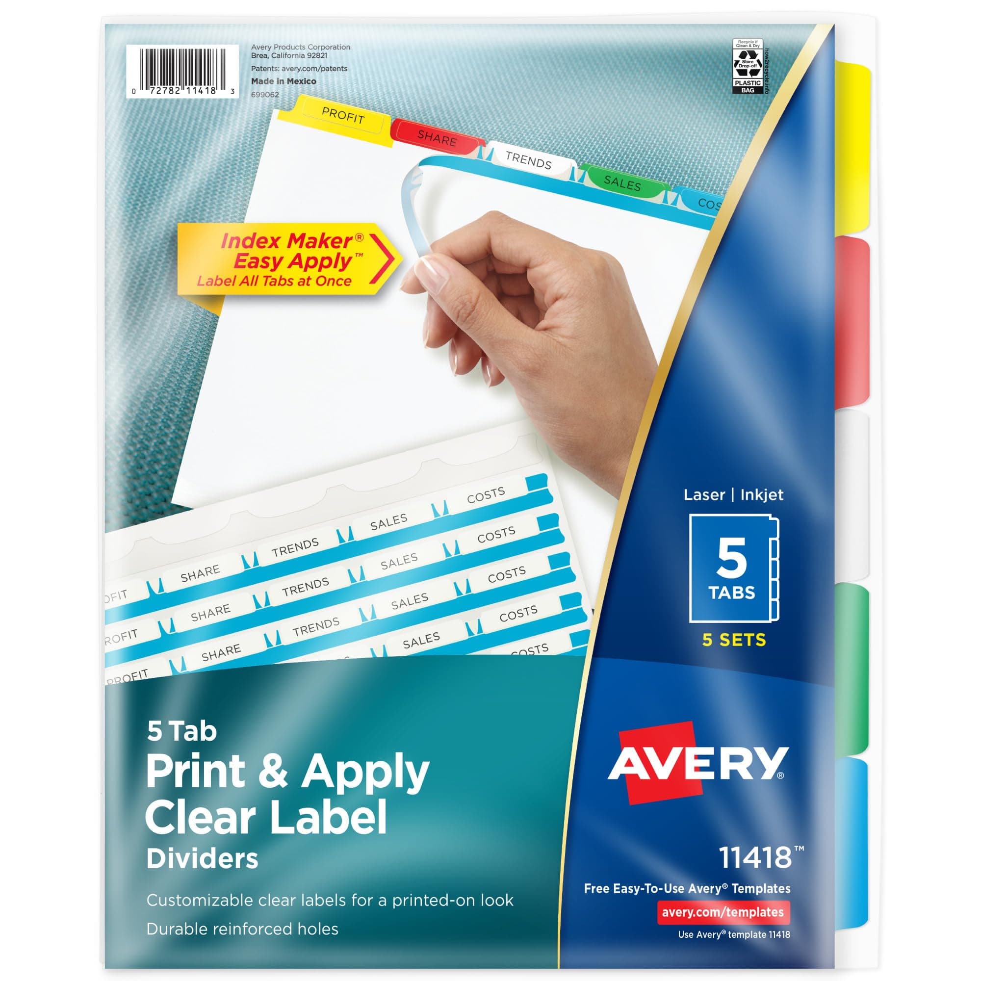 Avery Index Maker Clear Label Dividers, Easy Apply Label Strip, 5 Tab, Multi-Color, 5 Sets (11418)