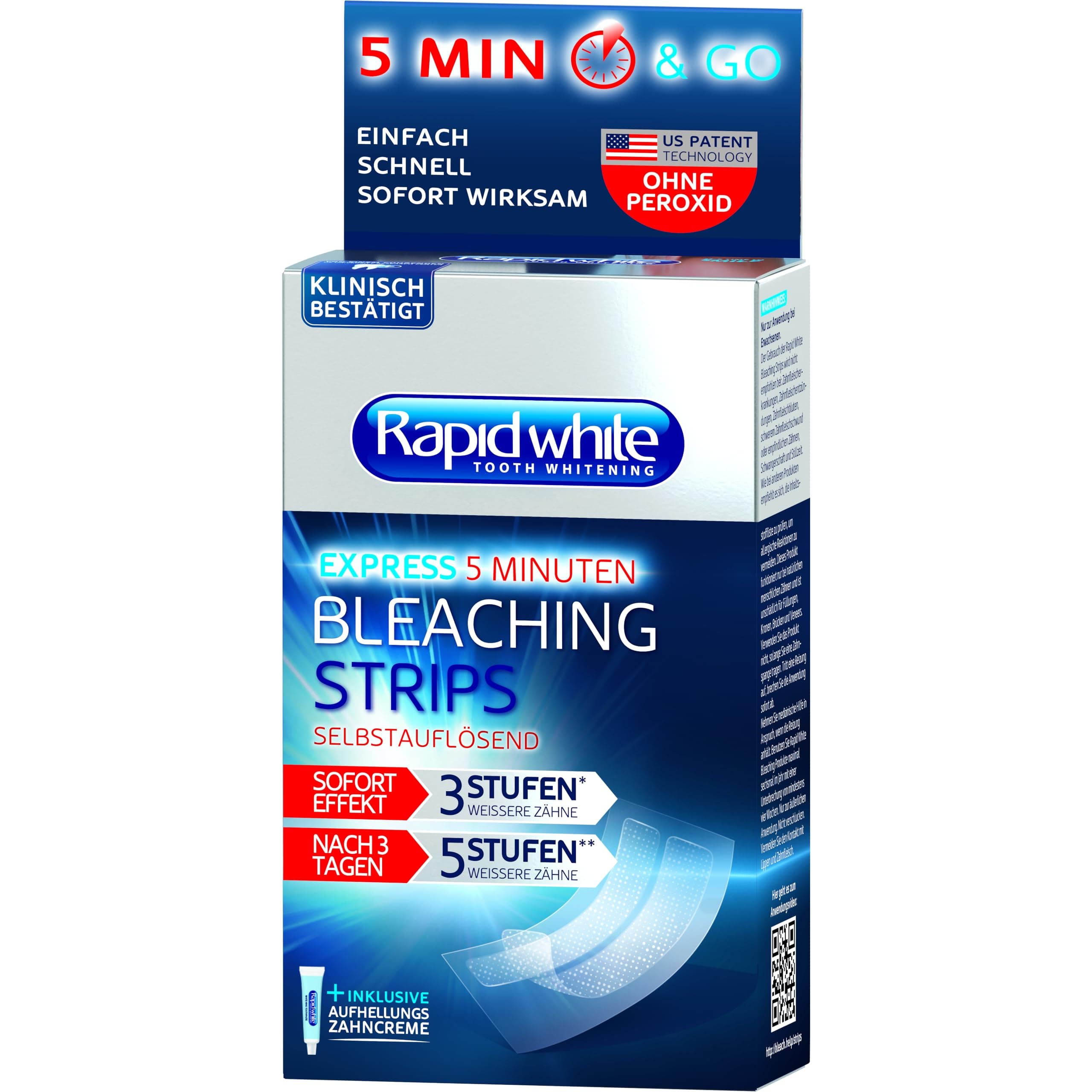 Rapid White Bleaching Strips, Pack of 1 (6 Sachets), for Whiter Teeth in 3 Days, Visible Teeth Whitening for Home, Teeth Bleaching without Hydrogen Peroxide