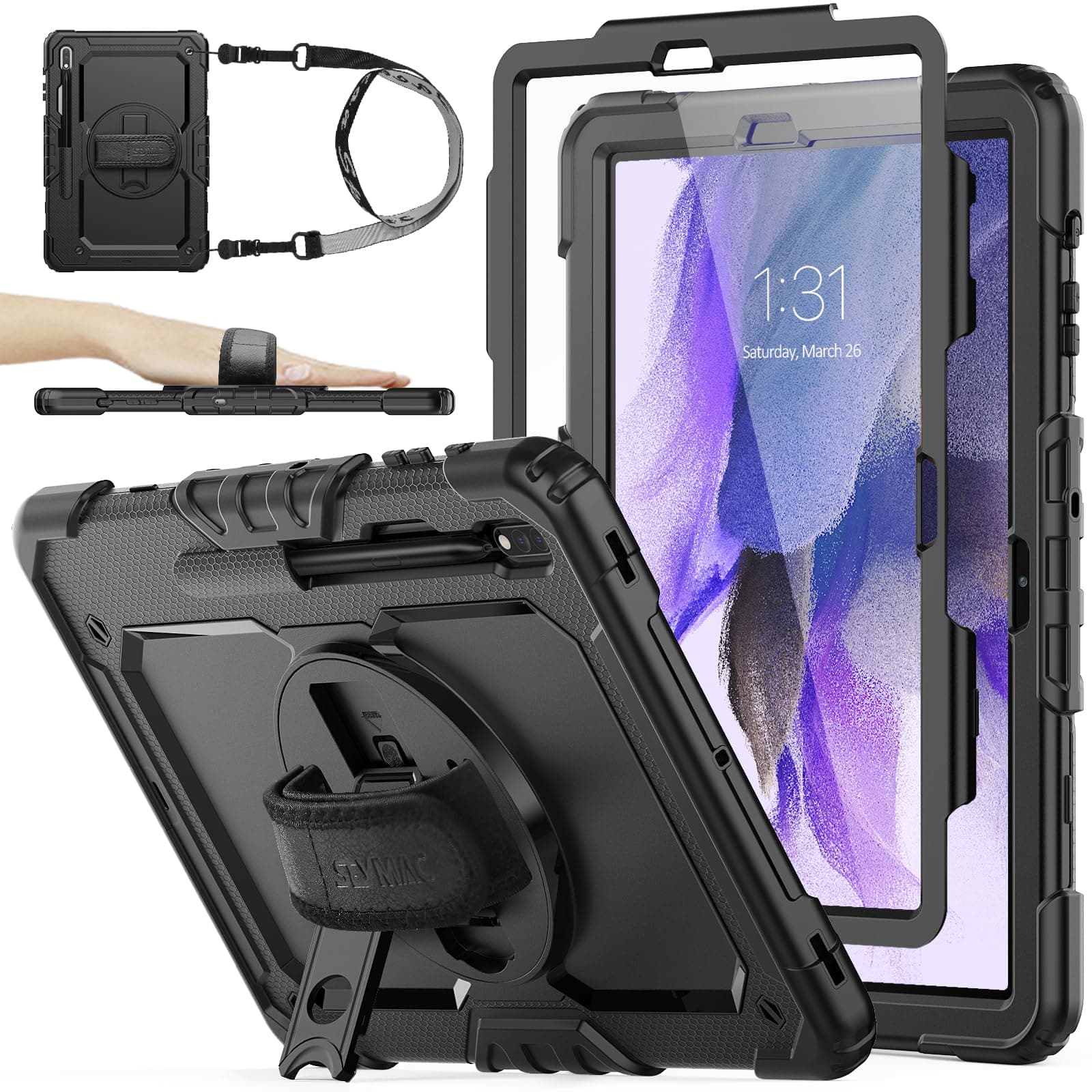 SEYMAC stock Case for Samsung Galaxy Tab S8 Plus / S7 FE 5G 12.4 with Screen Protector [360 Rotating Stand] Hand Shoulder Strap Protective Case for Galaxy Tab S8 Plus/S7 FE 12.4'' 2022/2021, Black