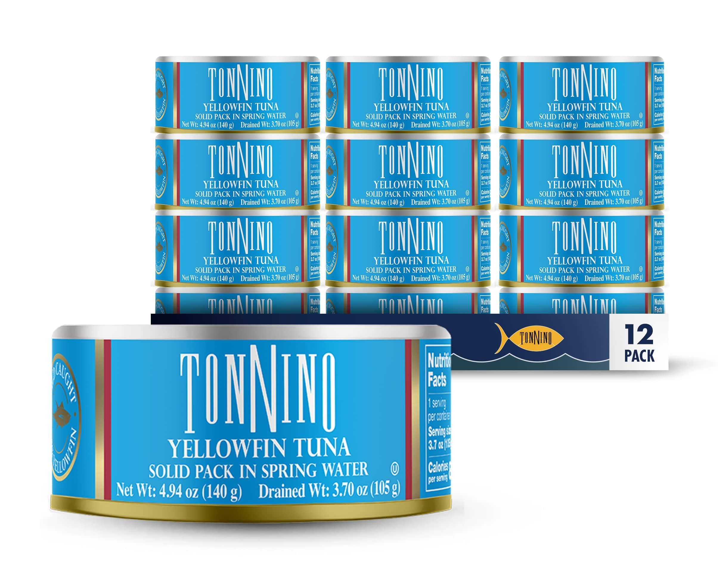 Tonnino Tuna Solid Albacore in Spring Water, Wild, Non-GMO, Canned, 4.94 Oz (Pack of 12)