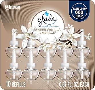 Glade PlugIns Refills Air Freshener, Scented and Essential Oils for Home and Bathroom, Sheer Vanilla Embrace, 6.7 Fl Oz, 10 Count