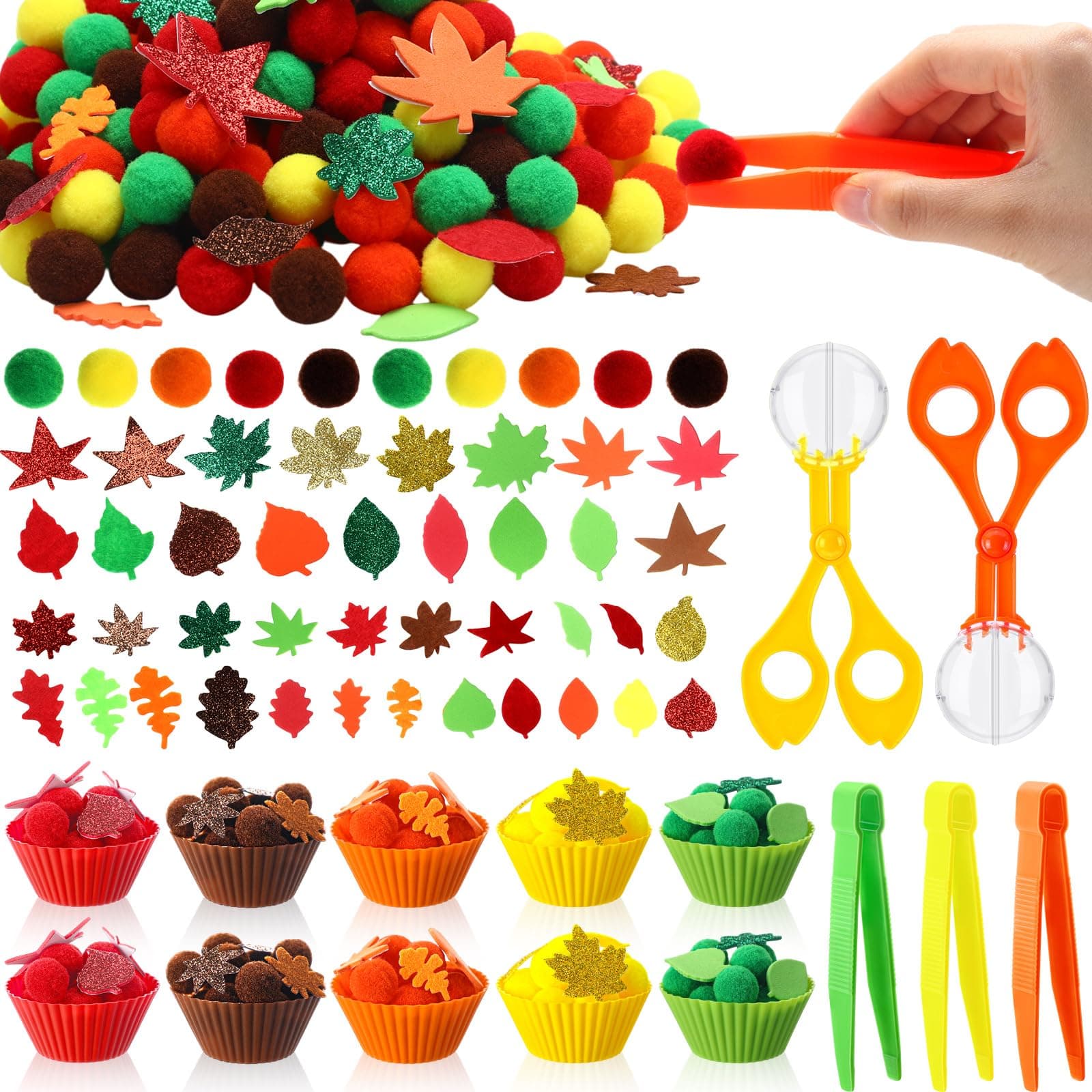 Blosssound 265 Pcs Fall Fine Motor Thanksgiving Counting Sorting Sensory Bin Filler Set Includes Pom Poms Fall Leaves Sorting Cups Tweezers Scissors Clips for Autumn Thanksgiving Decor Early Education