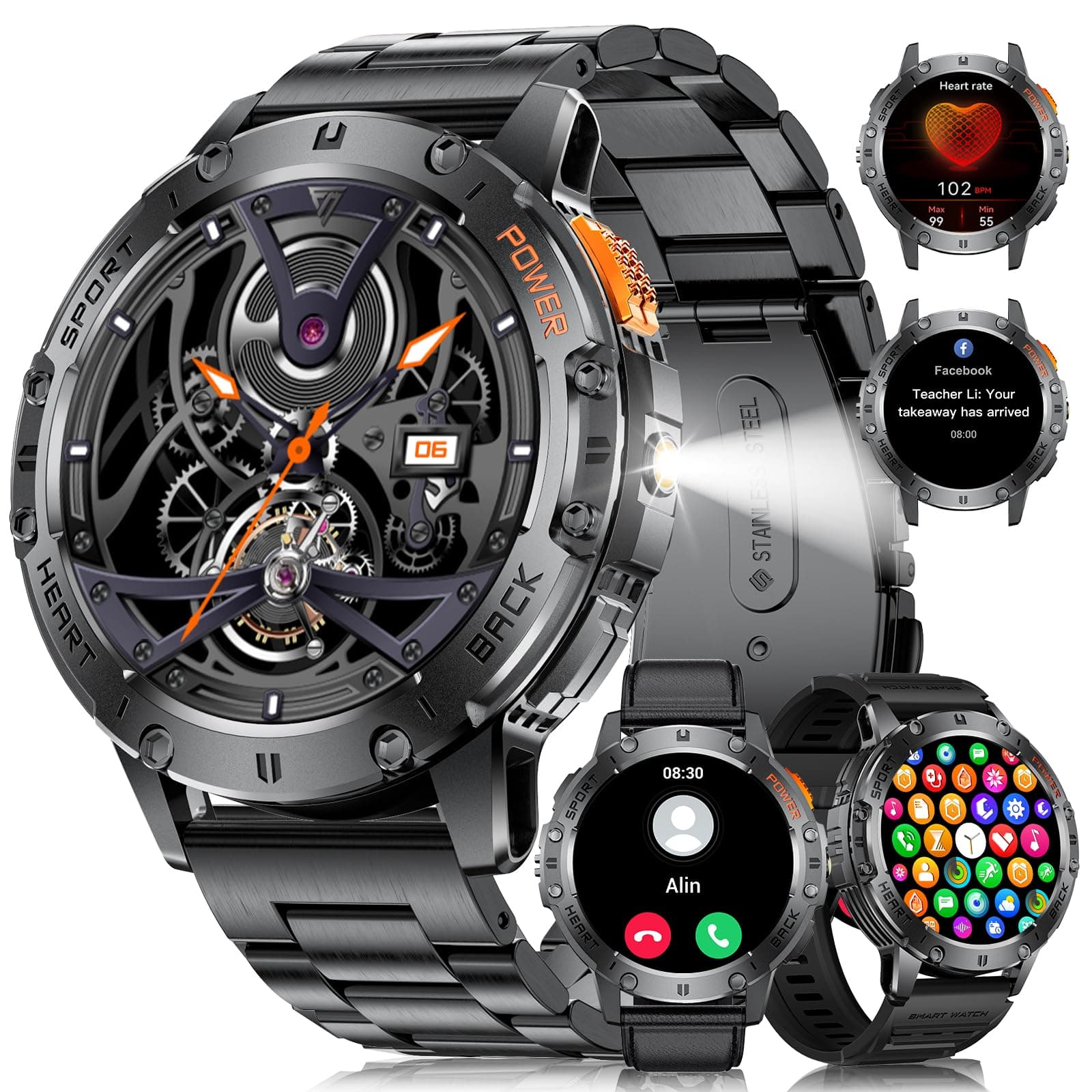 Military Smart Watches for Men(Answer/Make Calls) with LED Flashlight,530mAh Large Battery,1.43’’ AMOLED Heart Rate/Sleep Monitor 5ATM Waterproof Smartwatch for Android iOS,100+Sport Modes,3 Straps