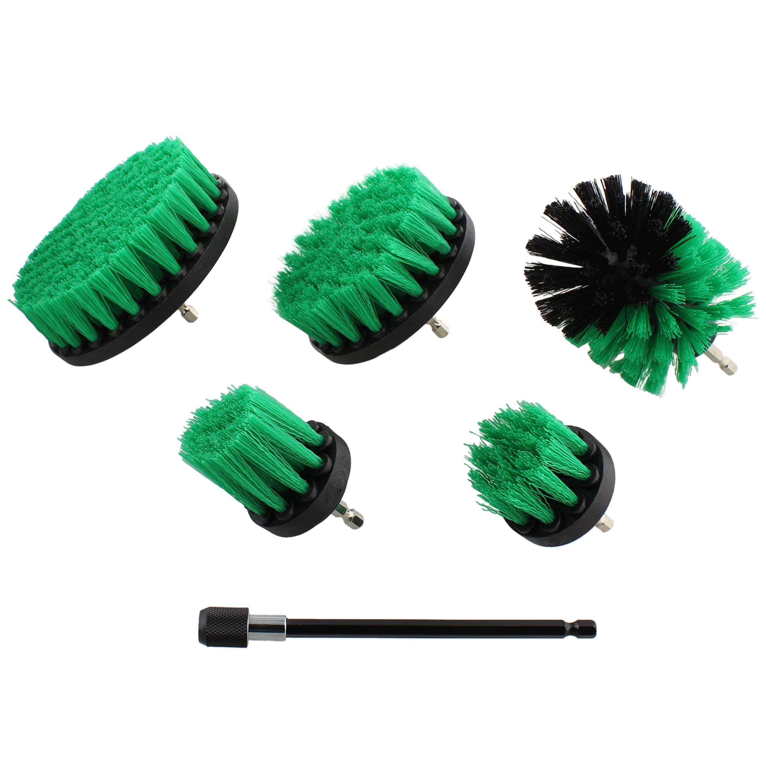 ABN 1/4in Drive Nylon Power Scrubber Drill Brush Attachment 5pc Set with 1pc Extension - Shower Cleaner, Spa Hot Tub Scrubber, Carpet Brush, Grout Cleaner for Home and Auto Car - Green Medium Bristle