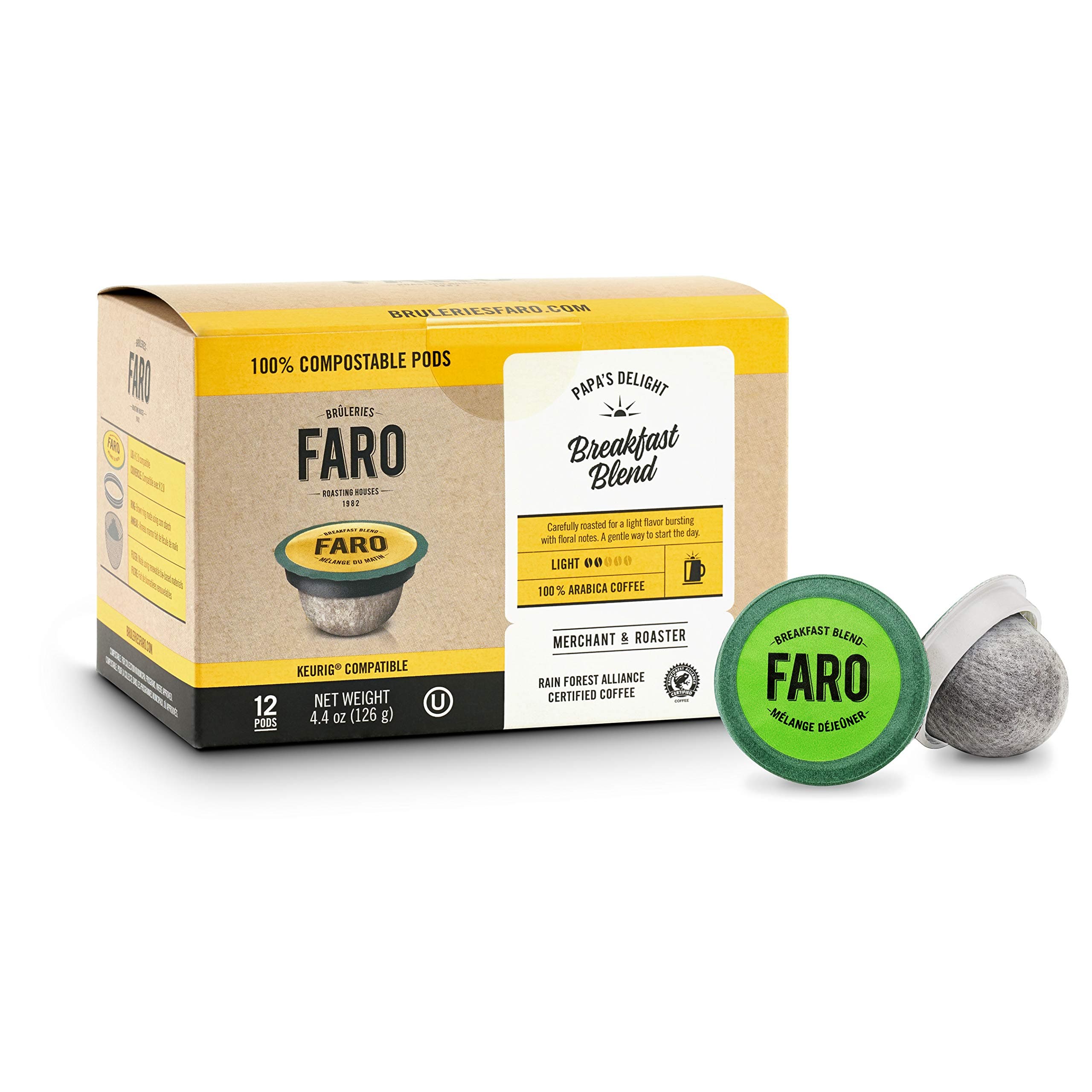 Faro Breakfast Blend, Light Roast Coffee. 100% Compostable, Organic, Fair Trade Single Serve Cups for Keurig K-Cup Brewers, 24 Count