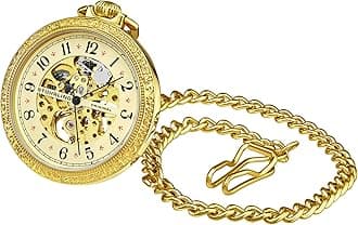 Stuhrling Orignal Mens Automatic Pocket Watch Skeleton Dial Mechanical Movement with and Stainless Steel Chain -Dual Time AM/PM Sun Moon Subdial
