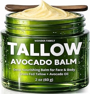 Beef Tallow & Avocado Balm for Skin & Face – Grass-Fed Beef Tallow with Avocado, Jojoba & Shea – Deep Moisturizer for Dry Skin – Includes Wooden Spatula & Pouch – For Men & Women