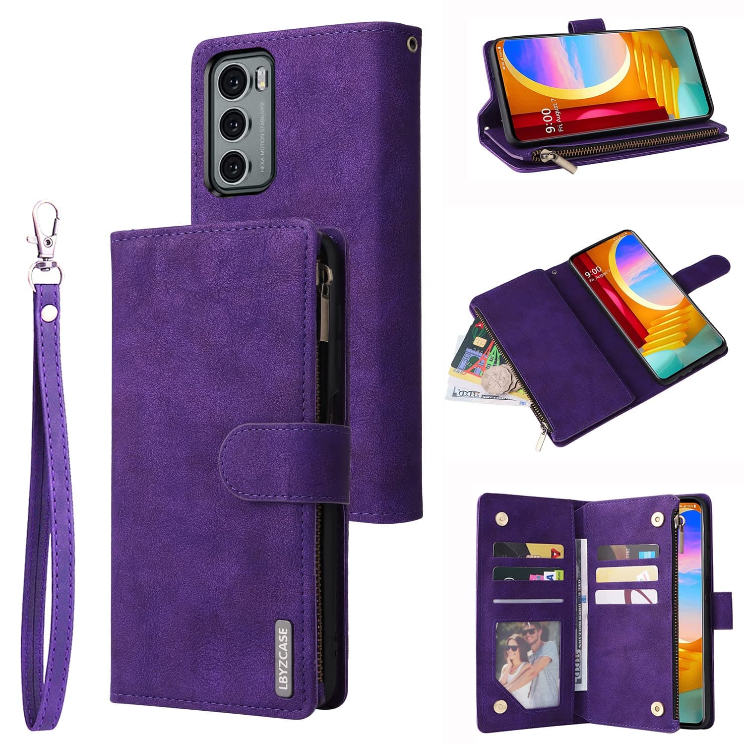 LBYZCASE Phone Case for LG Wing 5G(2020),LG Wing Wallet Case,Luxury Folio Flip Leather Cover[Zipper Pocket][Wrist Strap][Kickstand ][Magnetic Closure] for LG Wing (Purple)