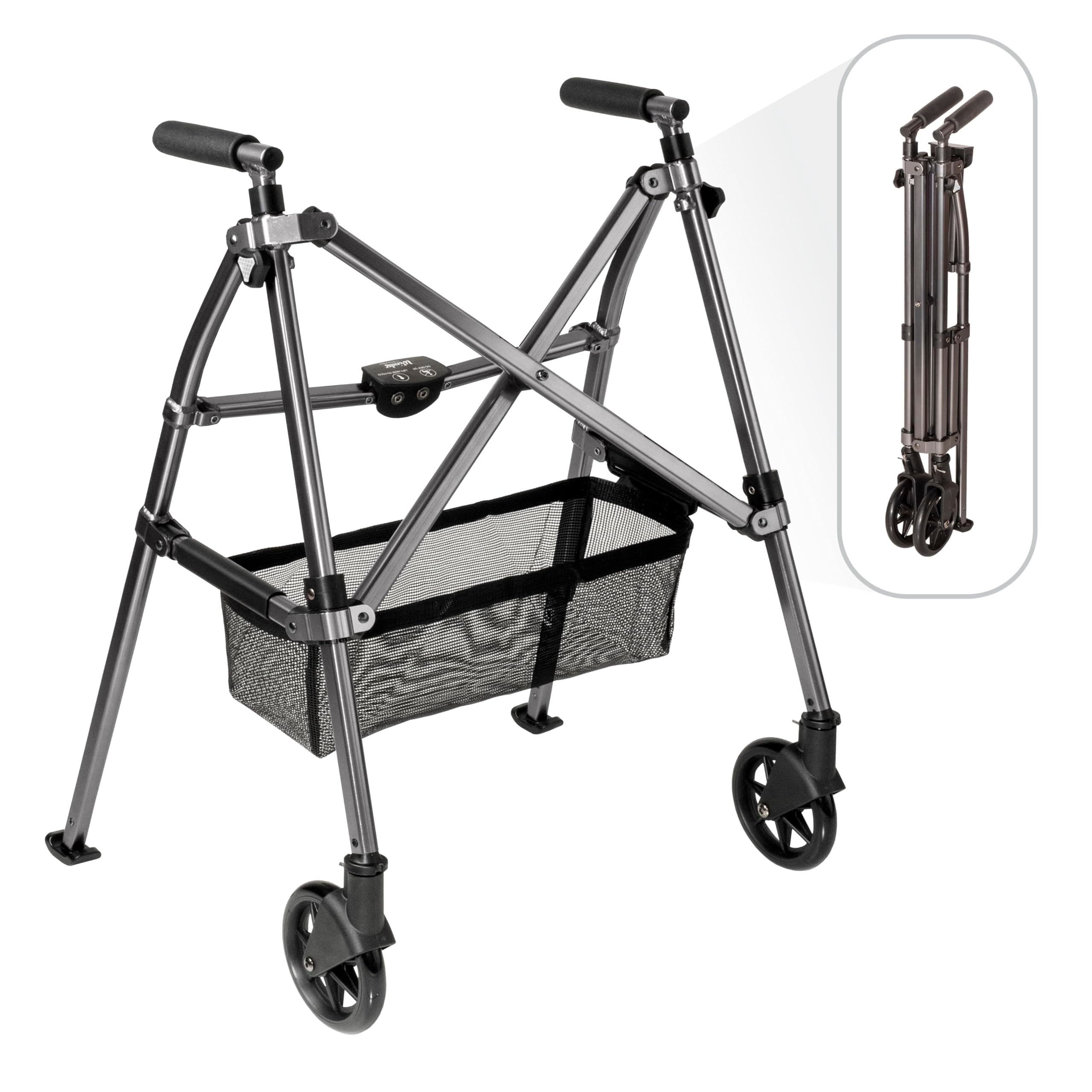 Stander EZ Fold-N-Go Walker, Lightweight Folding Mobility Frame with 2 Swivel Wheels, Elderly Travel Walking Aid, Black Walnut (Eligible for VAT Relief in The UK)
