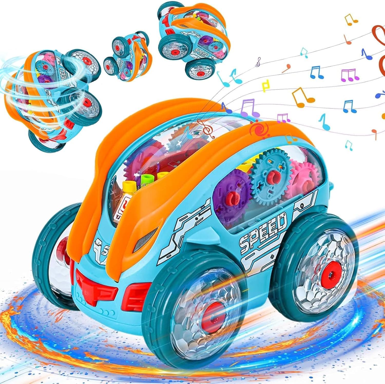Aonuily Speedlite Dynamic Gear-Powered Car, 360° Rotating Gear Car Toy Light up Toys with LED Lights and Music for Toddlers Kids Gift