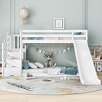 Merax Bunk Beds, Children's Single Bed with Storage, Loft Bed with Slide and Stairs, Double Bunk Beds Kids Bed, Solid Pine Wood Bed Frame with Storage Compartments in Steps, White, 90x190cm