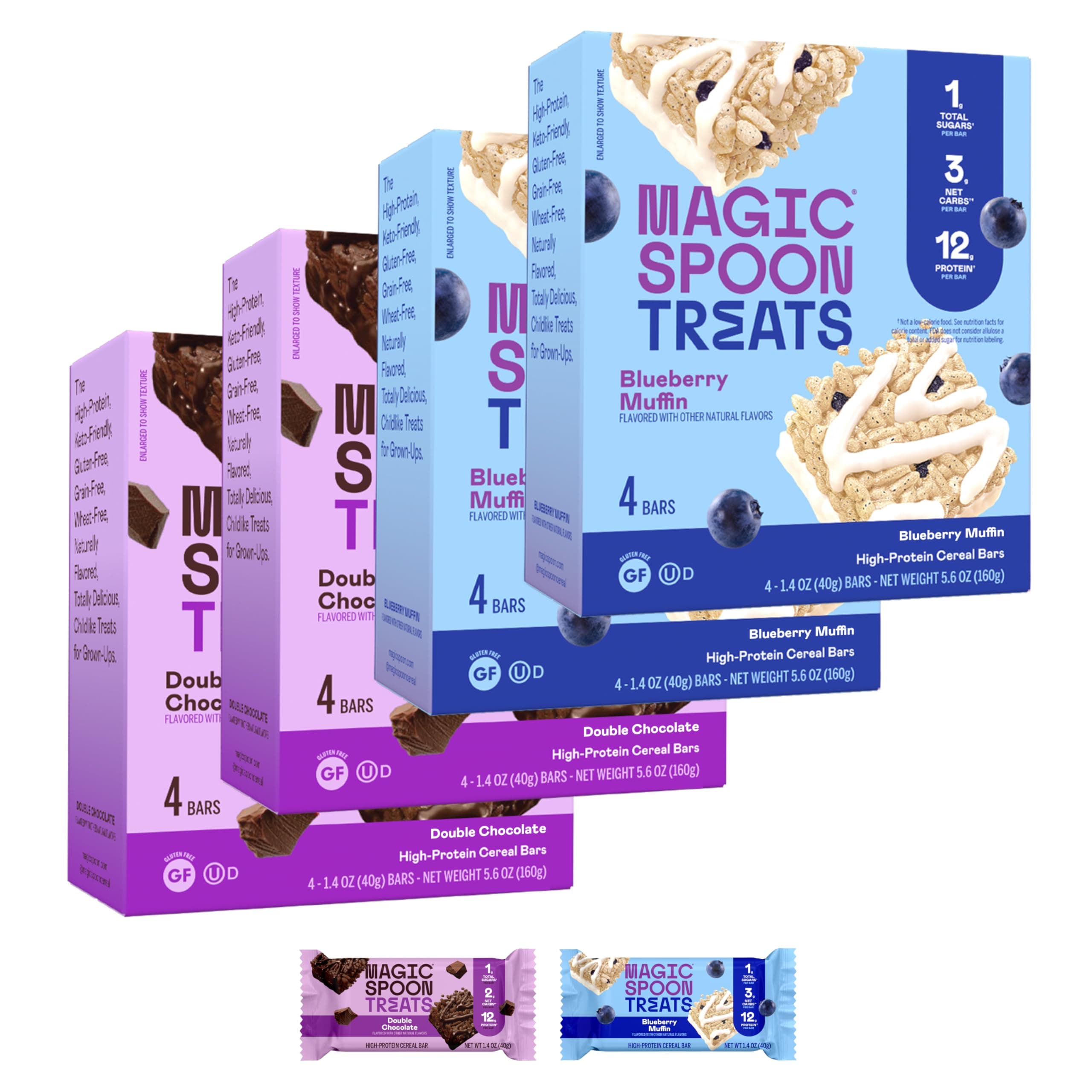 Magic Spoon Treats - 16 High Protein Bars: 8 Double Chocolate & 8 Blueberry Muffin - High Protein Gluten Free Snack - Sugar Free & Gluten Free Protein Cereal Bar - Low Carb & Keto Friendly