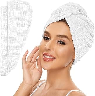 2 Pack Microfiber Hair Towel Wrap for Women, Anti Frizz Quick Drying Hair Turban for All Hair Style, Absorbent and Lightweight (Bright White)