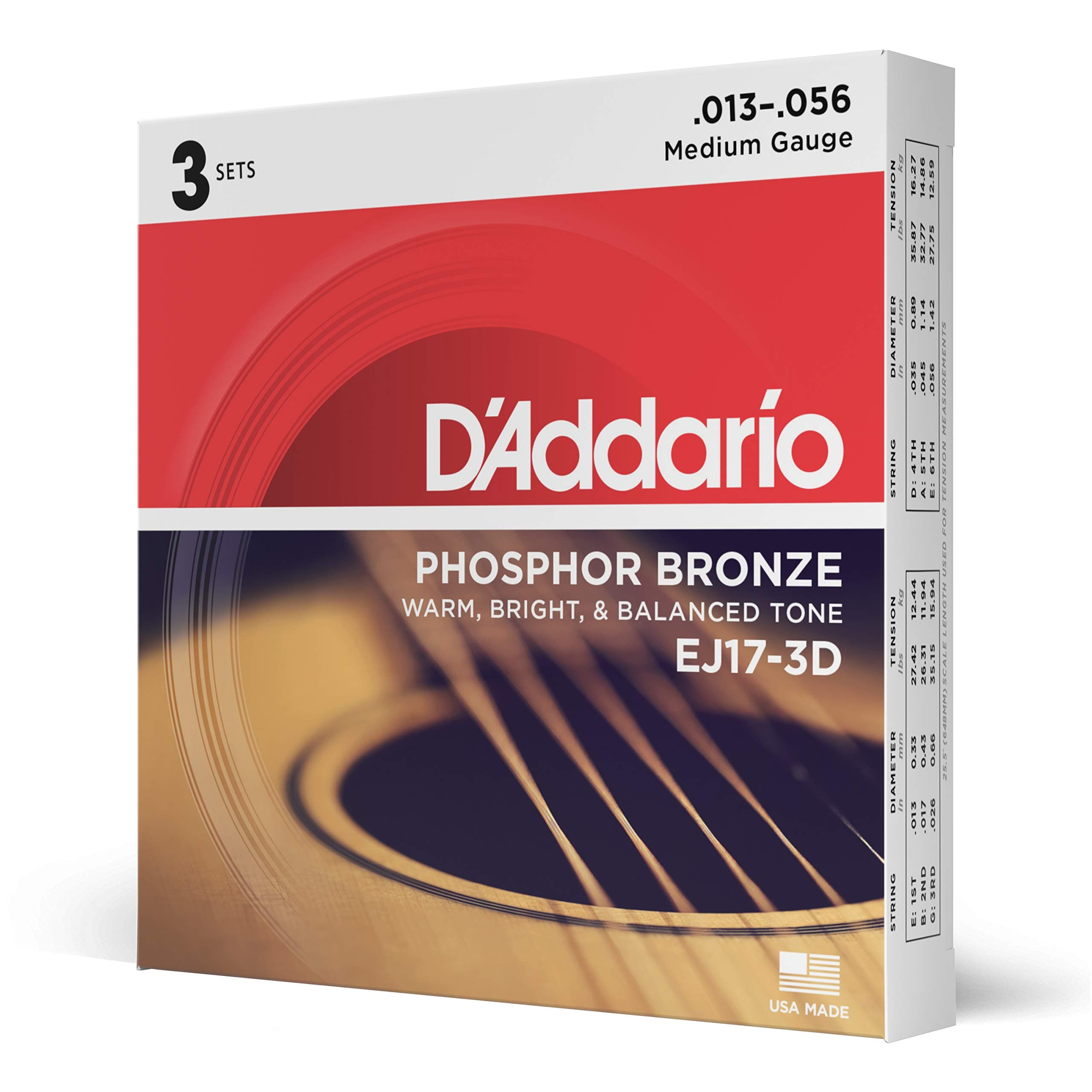 D'Addario Guitar Strings - Phosphor Bronze Acoustic Guitar Strings - EJ17-3D - Rich, Full Tonal Spectrum - For 6 String Guitars - 13-56 Medium, 3-Pack